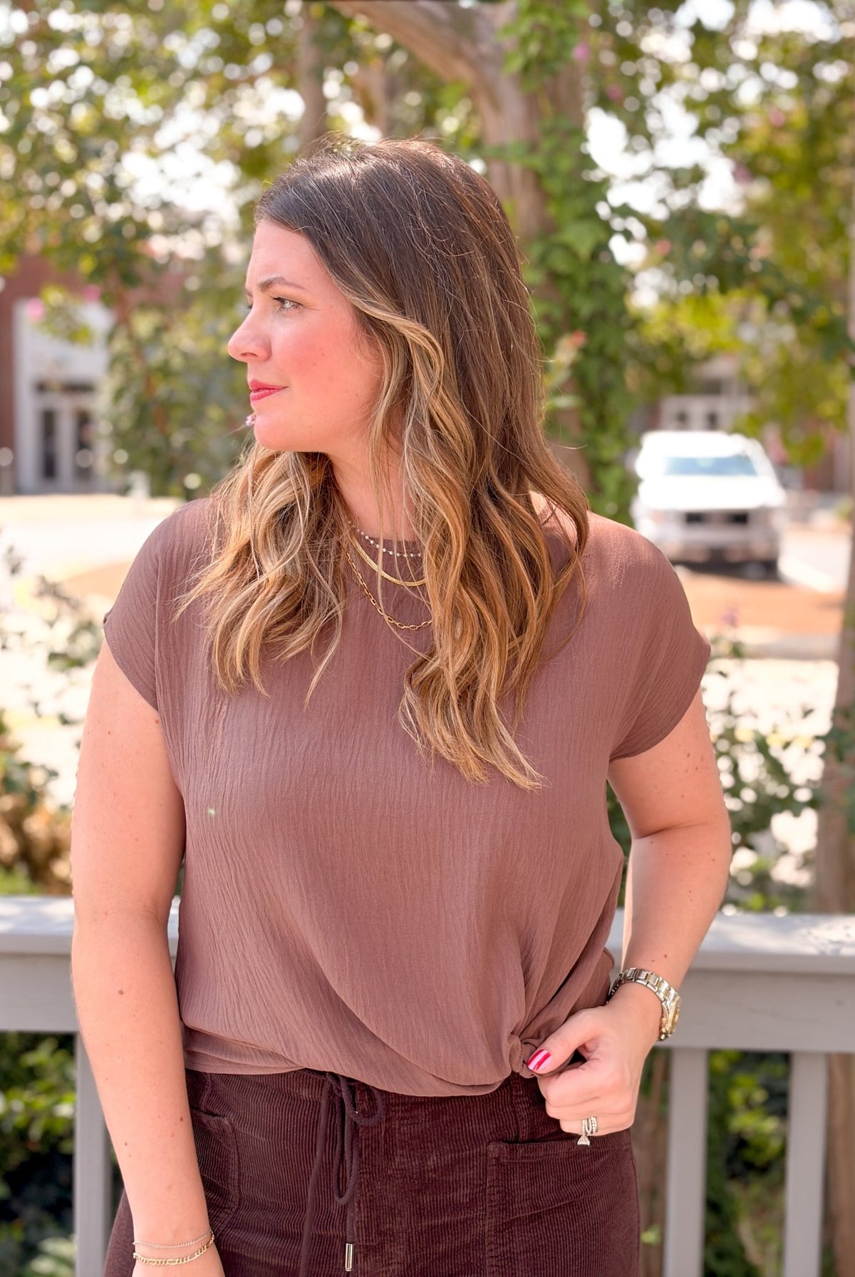 Rose & Lee Co Sandra Top, Brown Work Tops