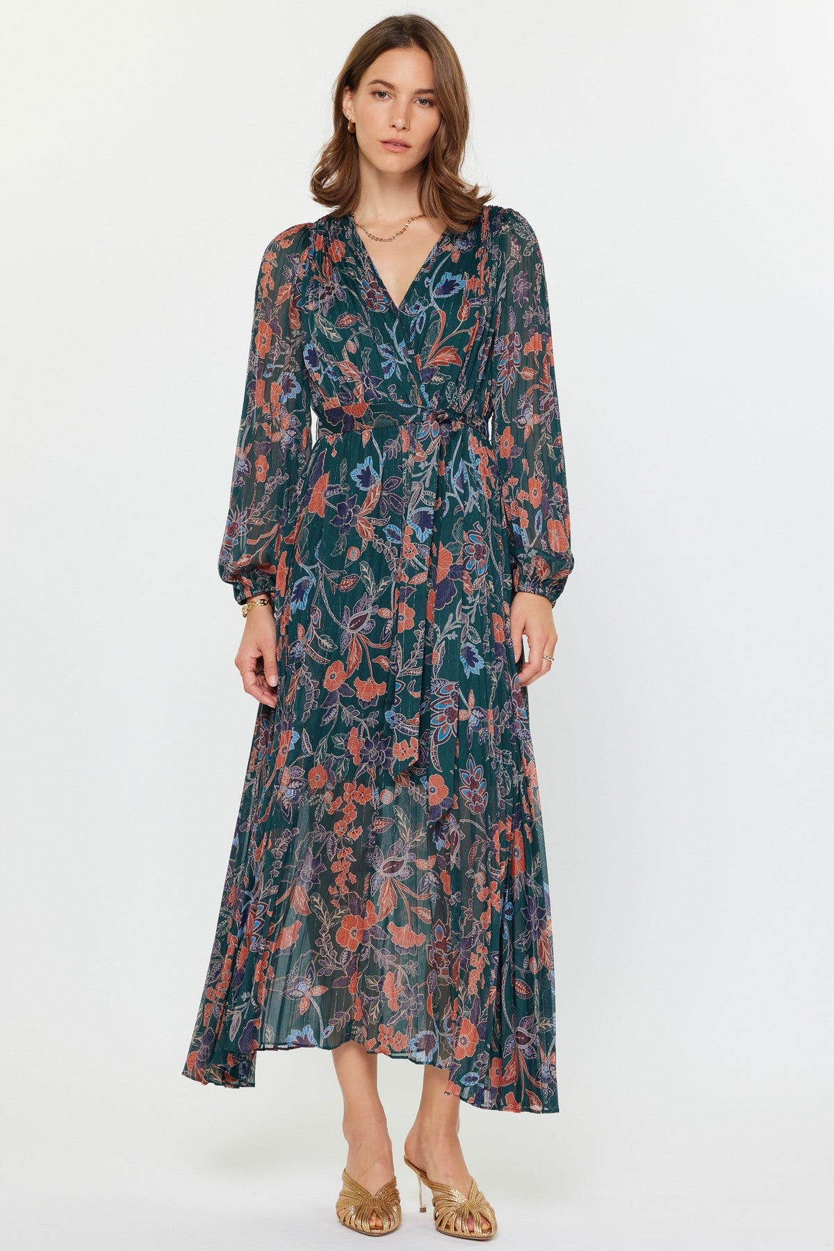 Green Long Sleeve Floral Print Dress