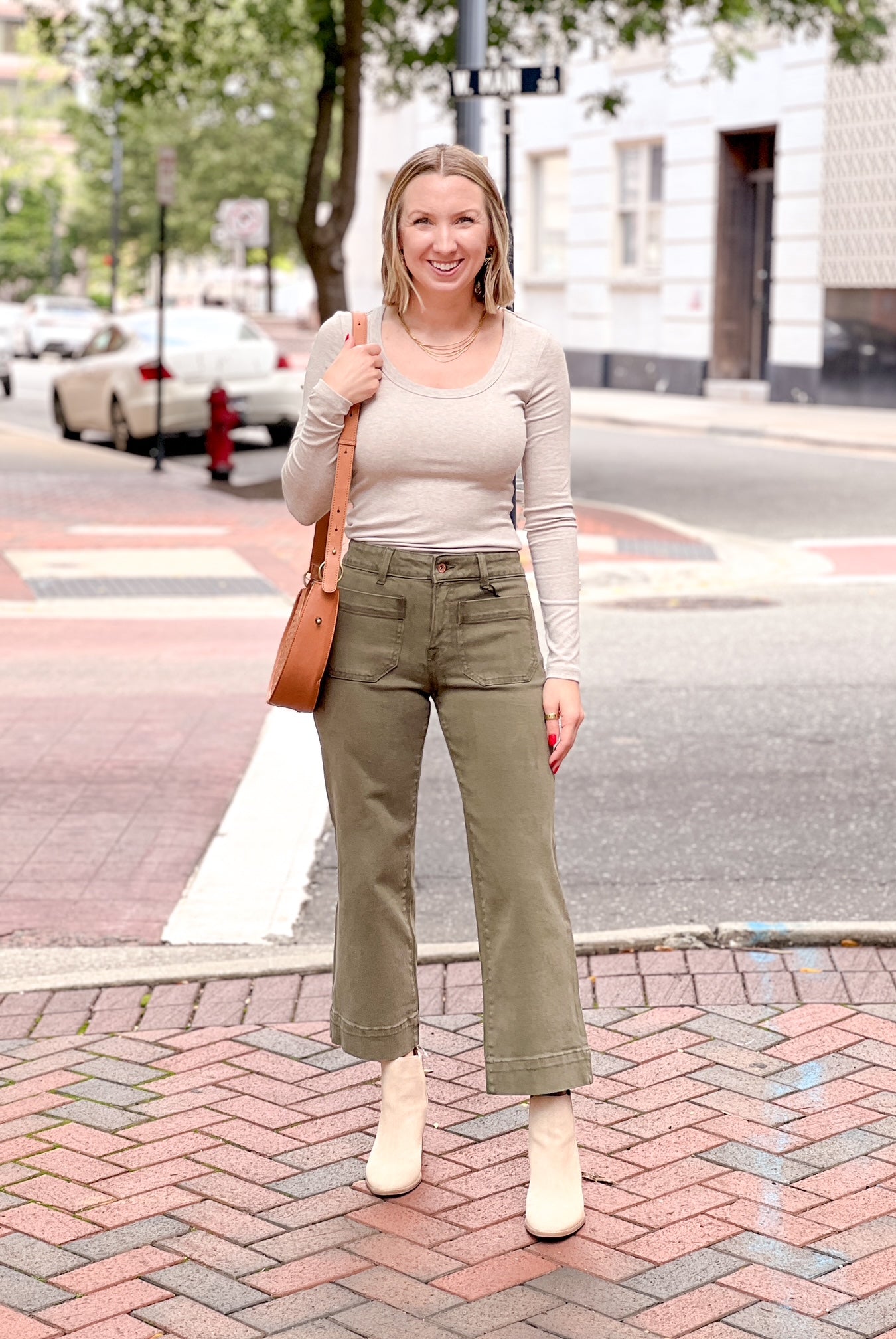 long sleeve oatmeal top with scoop neck