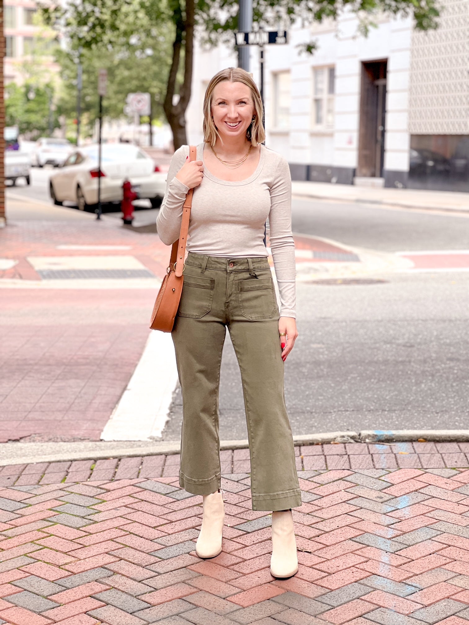 long sleeve oatmeal top with scoop neck
