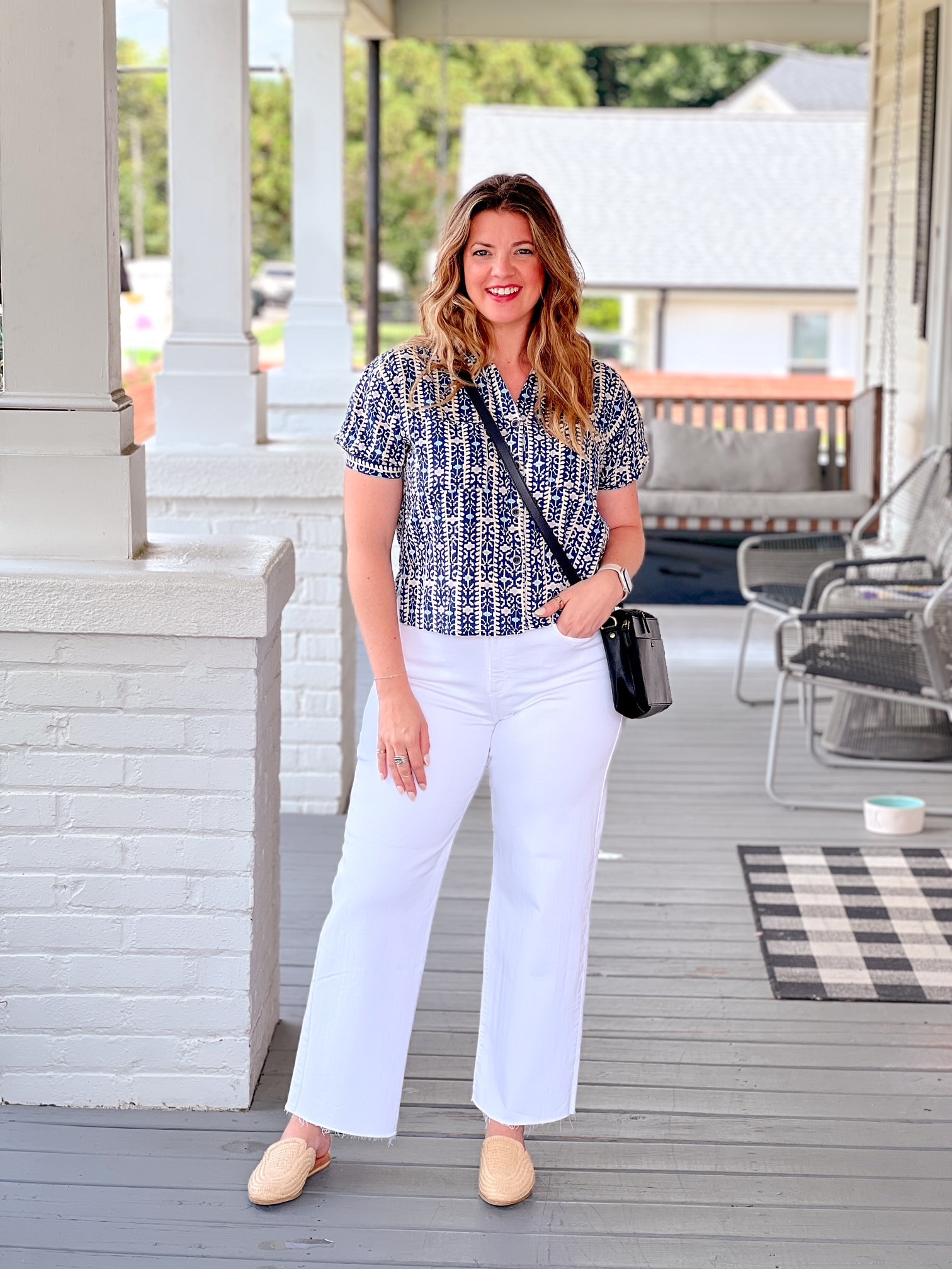 short sleeve shirt with green, ivory and black pattern