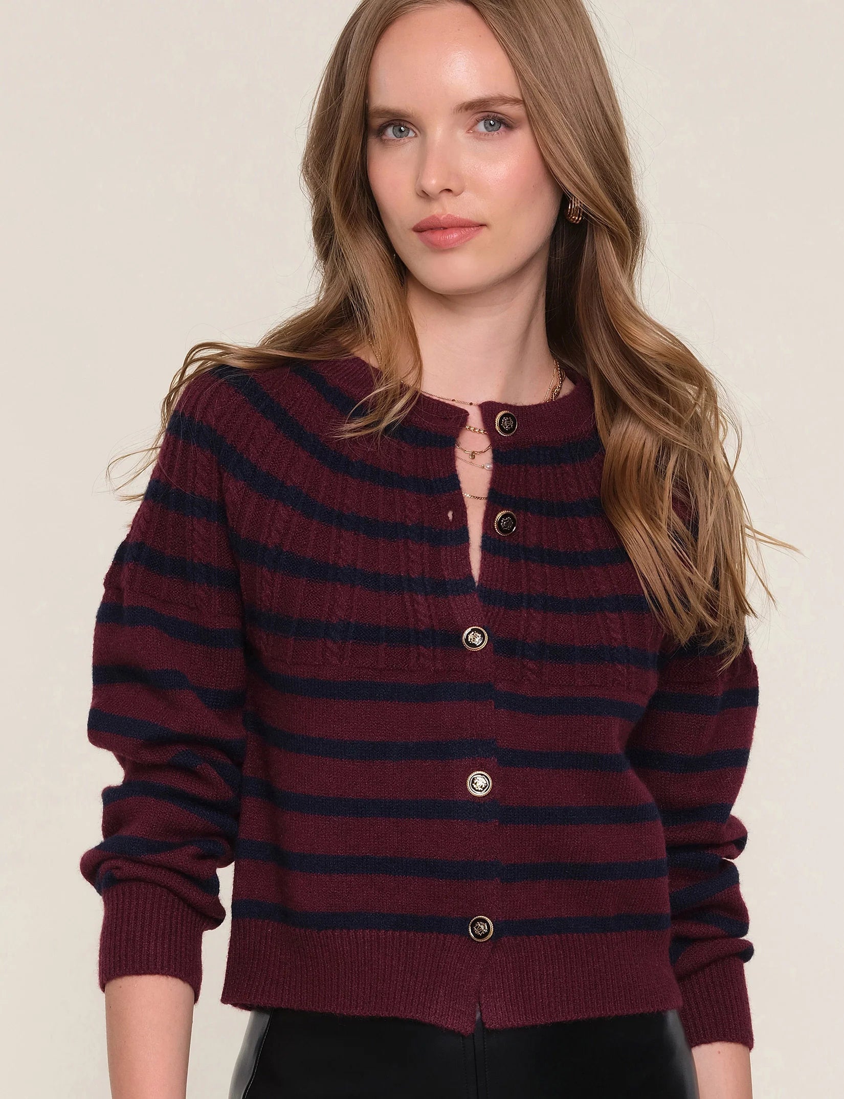 Navy/Burgundy Striped Cardigan with Novelty Buttons
