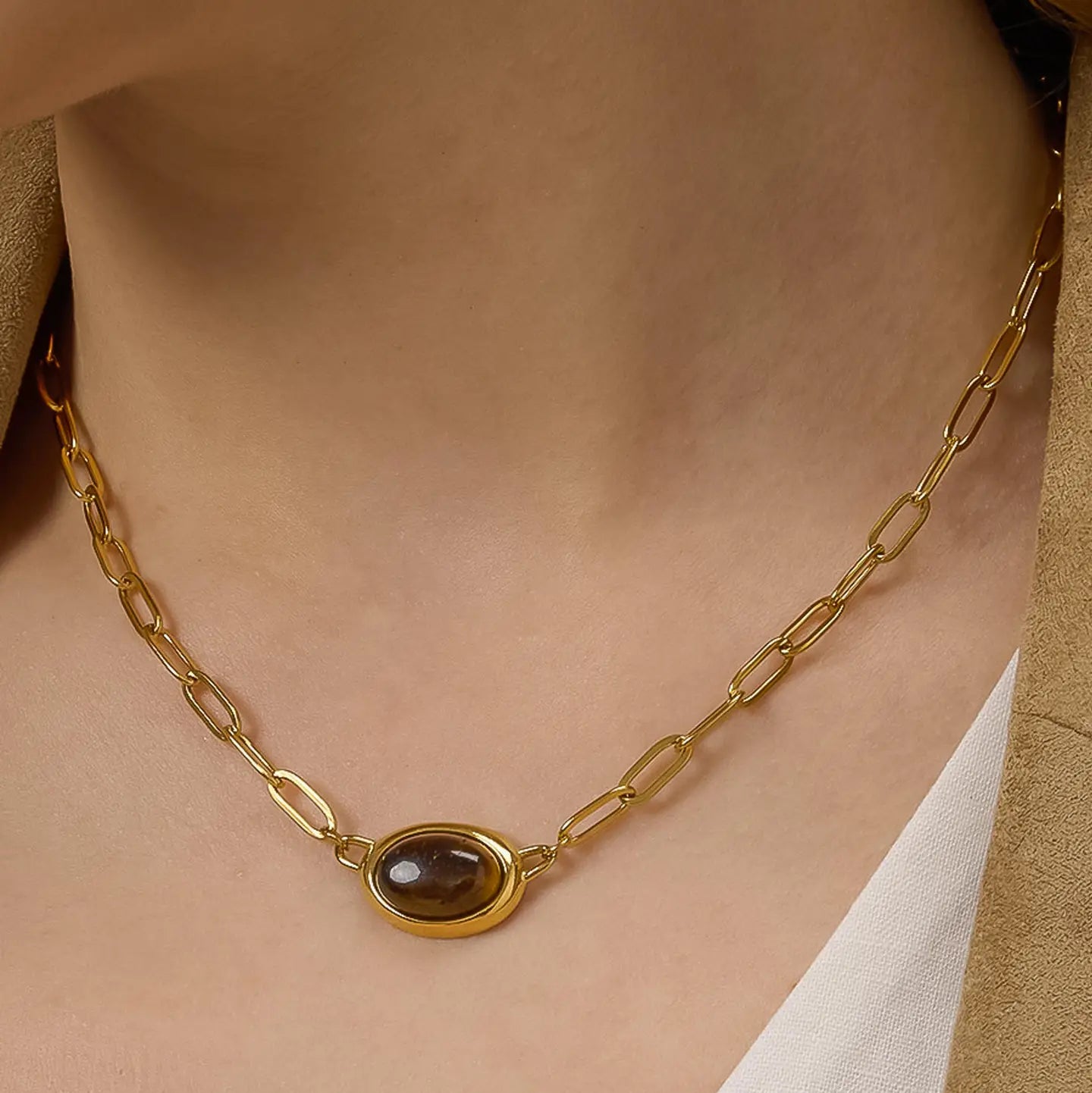 Rose & Lee Co Shay Brown Stone Chain Necklace, 18k Gold Necklaces