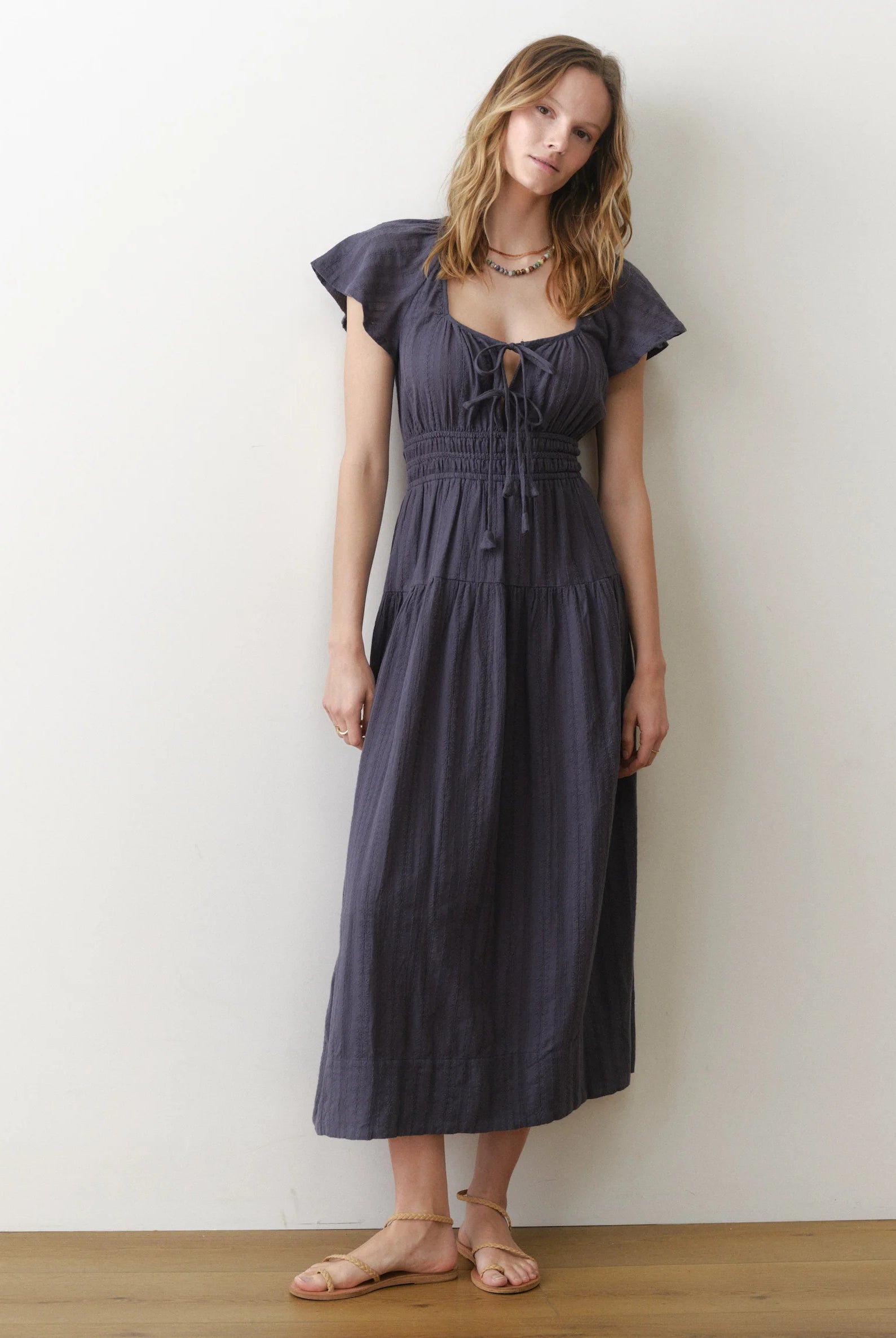 Short Sleeve Midi Length Indigo Dress with Flutter Sleeves and Neck Ties