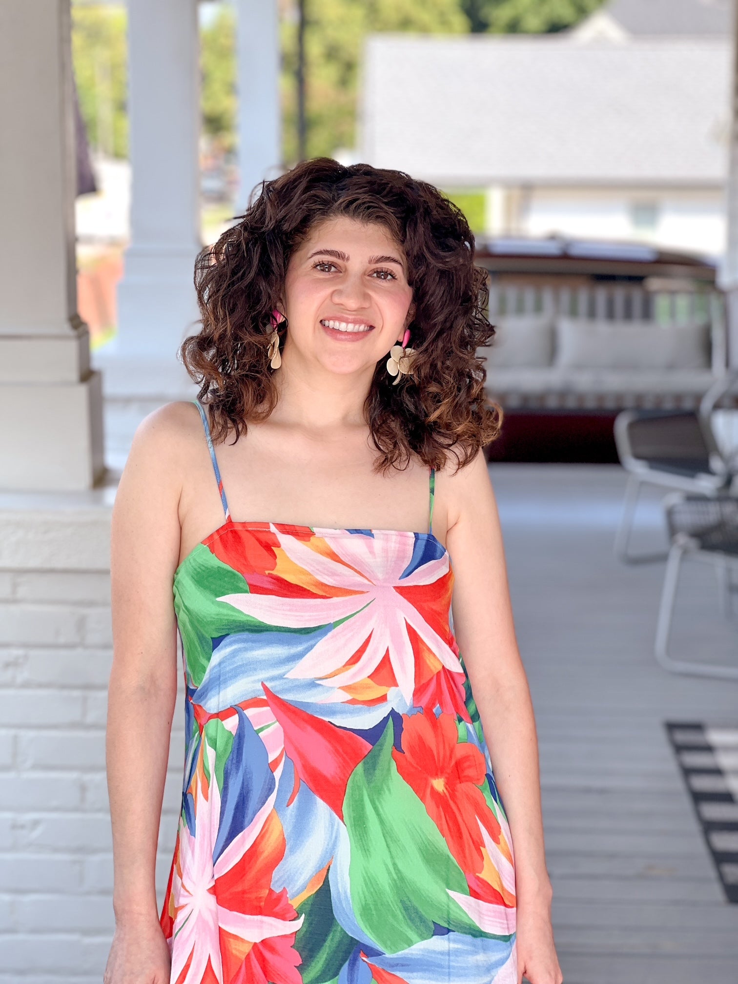 sleeveless maxi length dress with tropical pattern