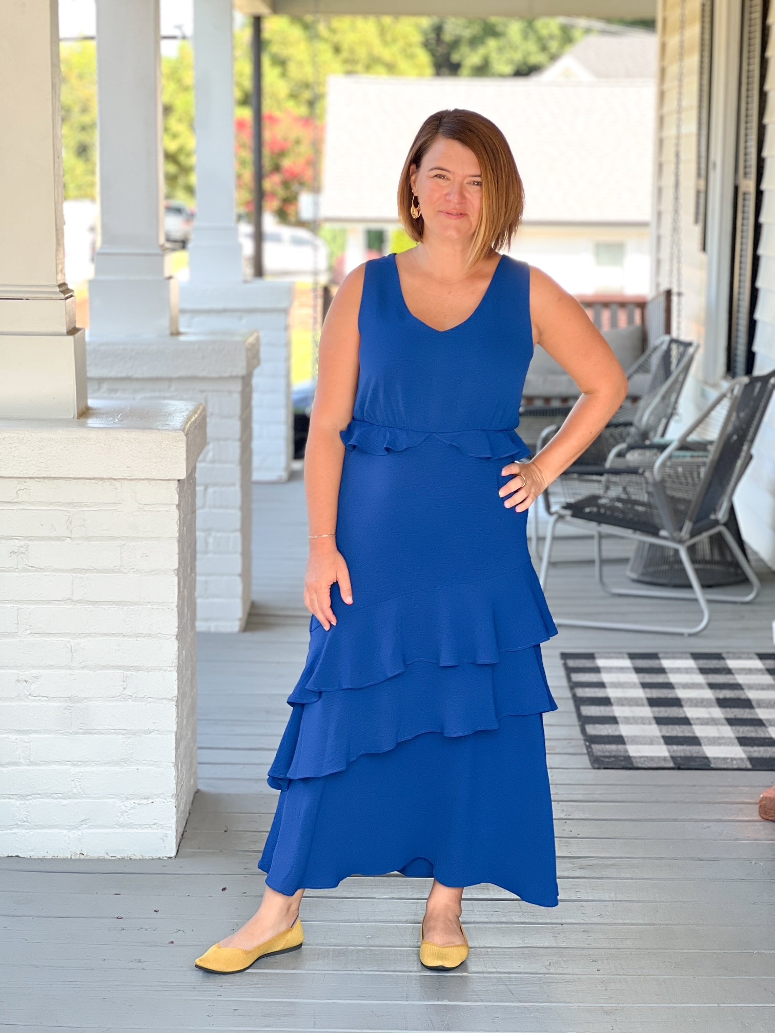 sleeveless ruffled waist event dress blue tiered bottom maxi length