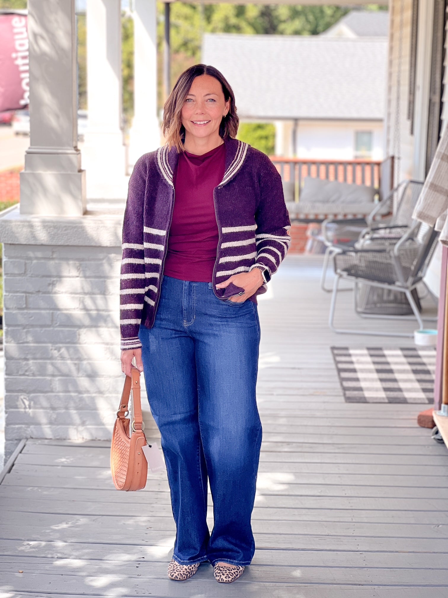 Plum Striped Long Sleeve Zip-Up Cardigan