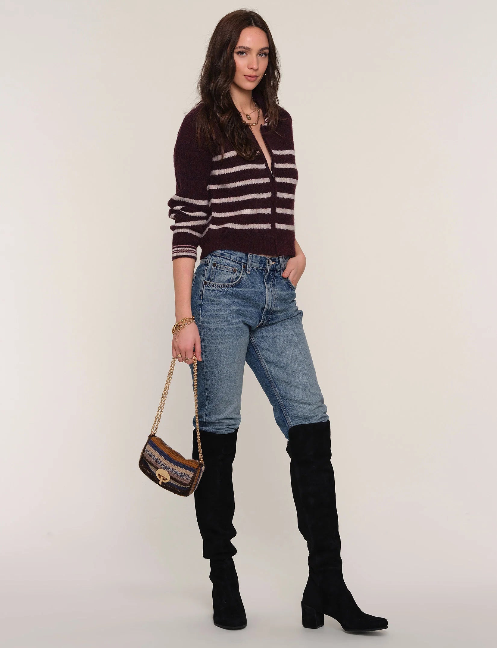 Plum Striped Long Sleeve Zip-Up Cardigan