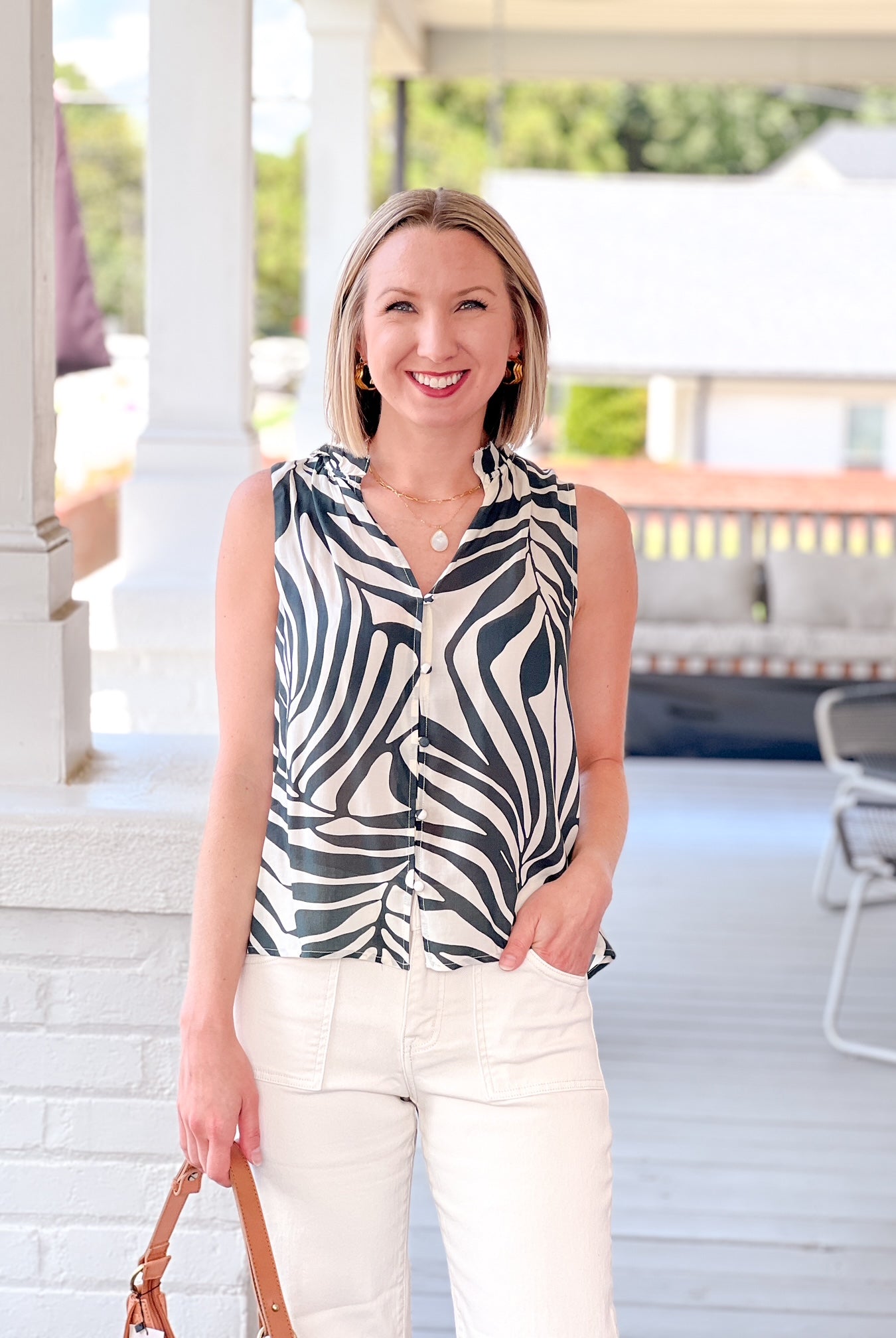 green and ivory tropical print top for workwear, button up front, sleeveless