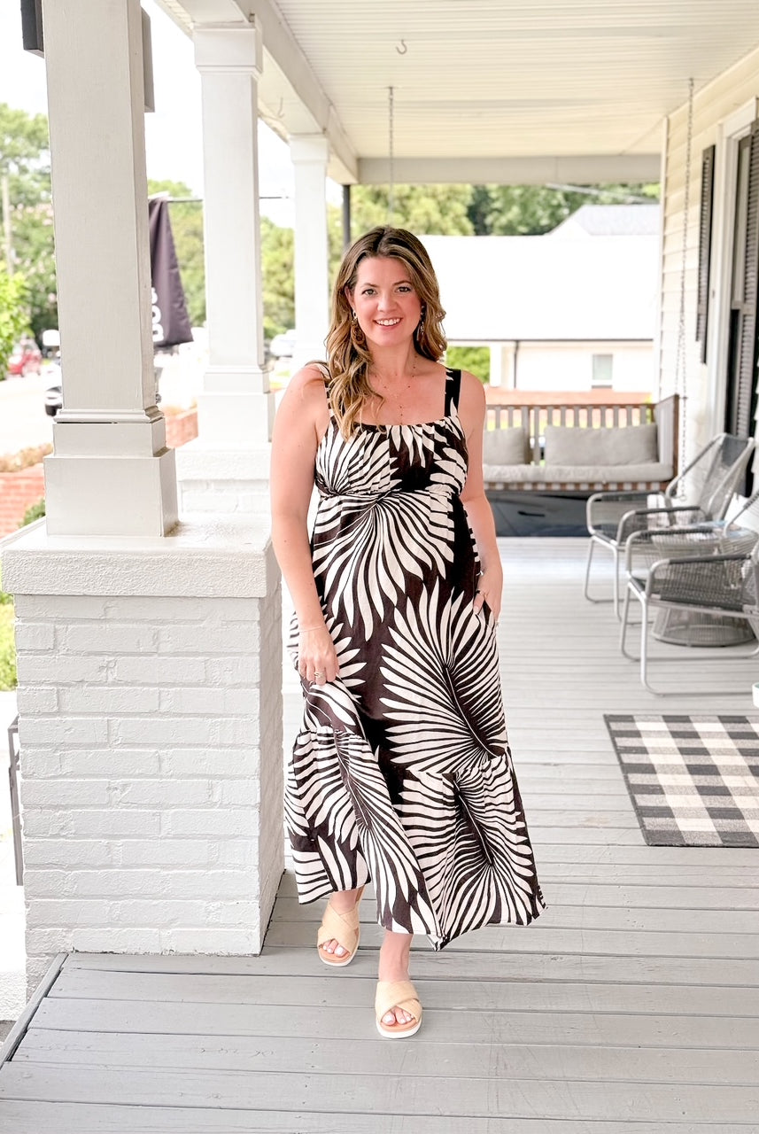 maxi length brown and ivory palm print dress