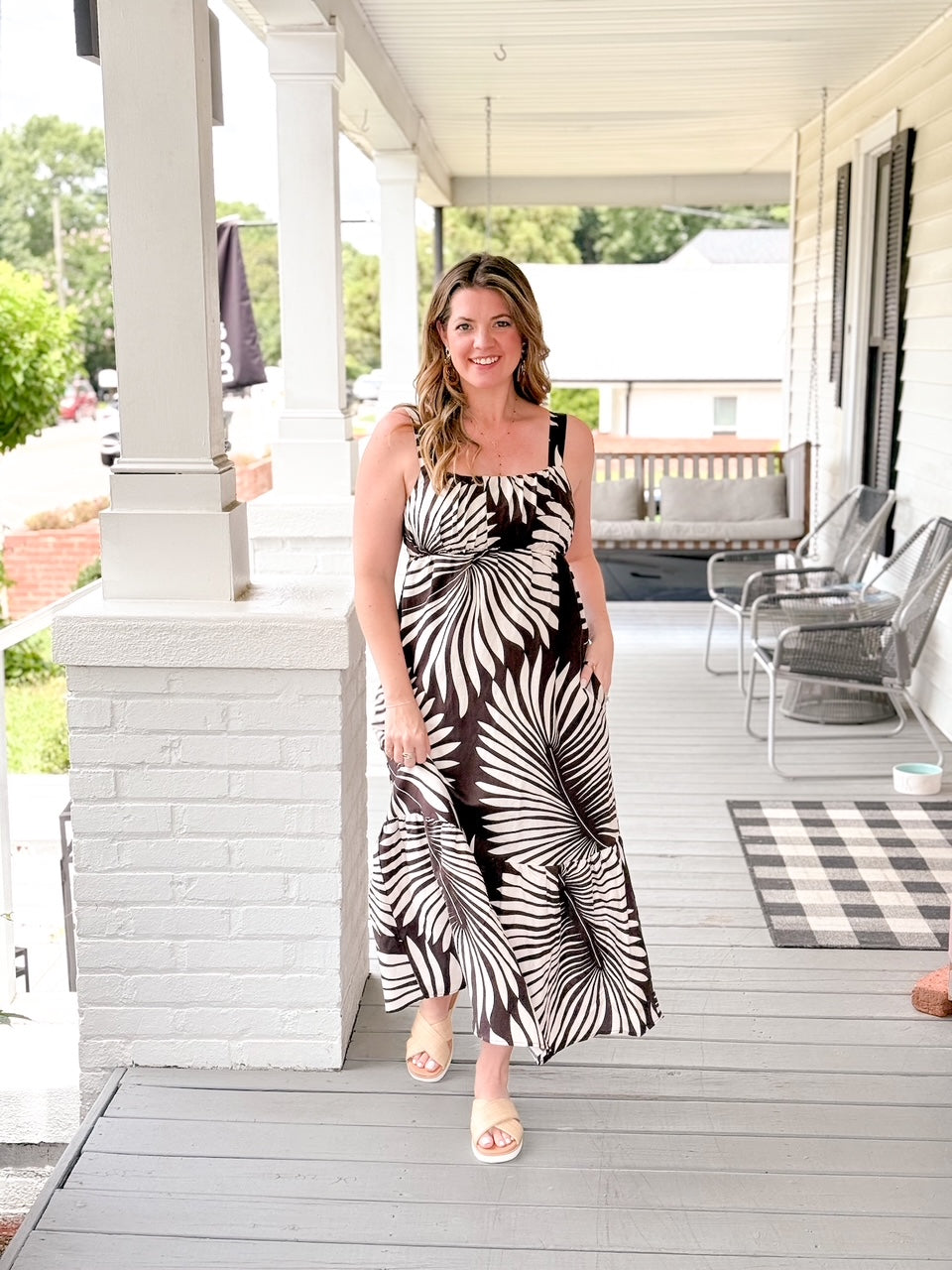 maxi length brown and ivory palm print dress