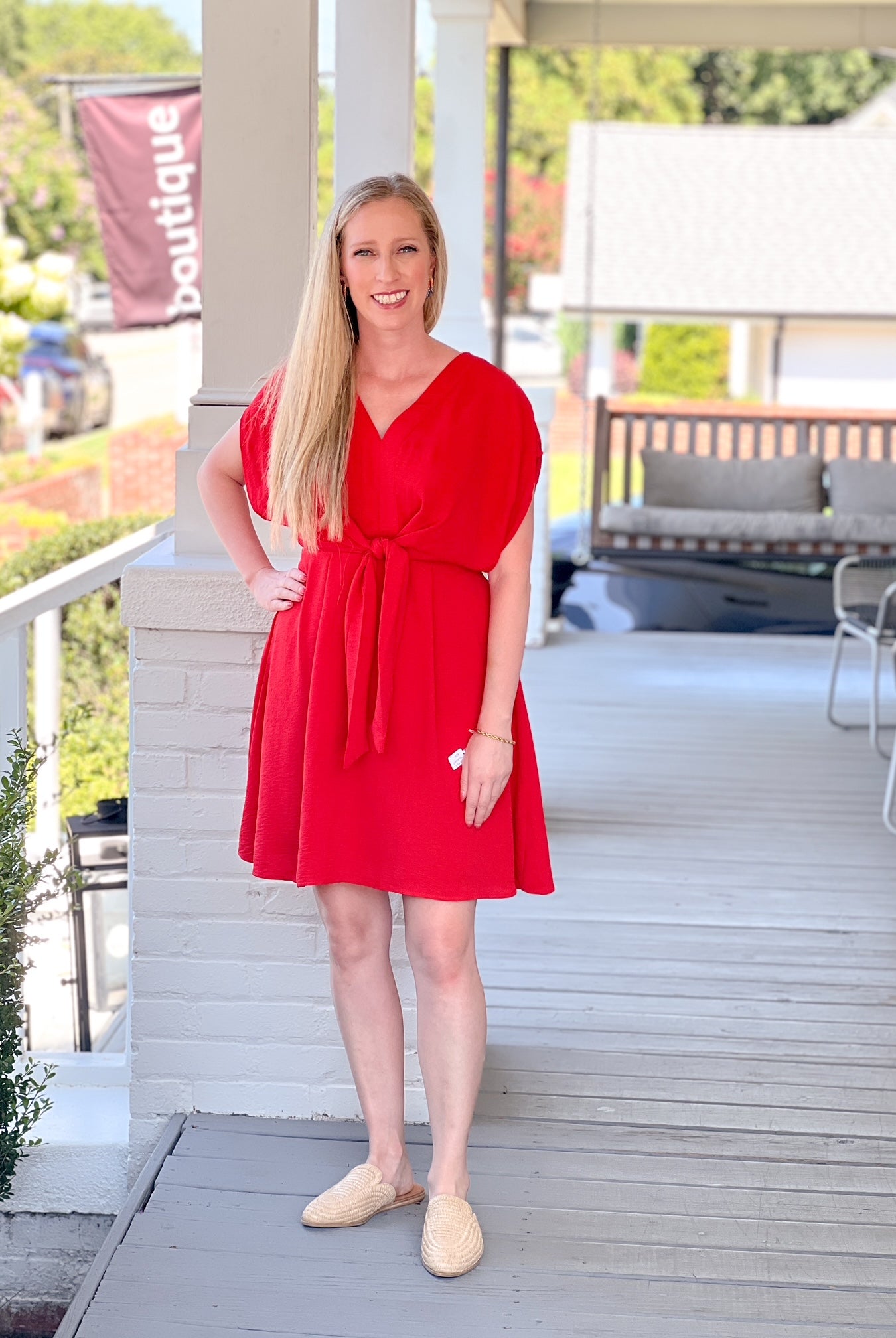 red work dress, mini length, with v neckline