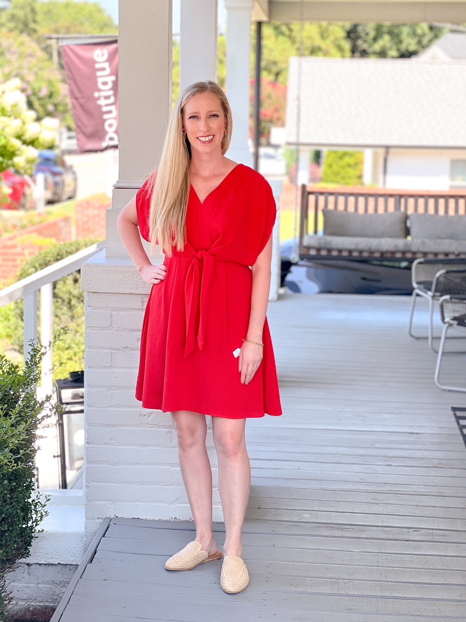 red work dress, mini length, with v neckline