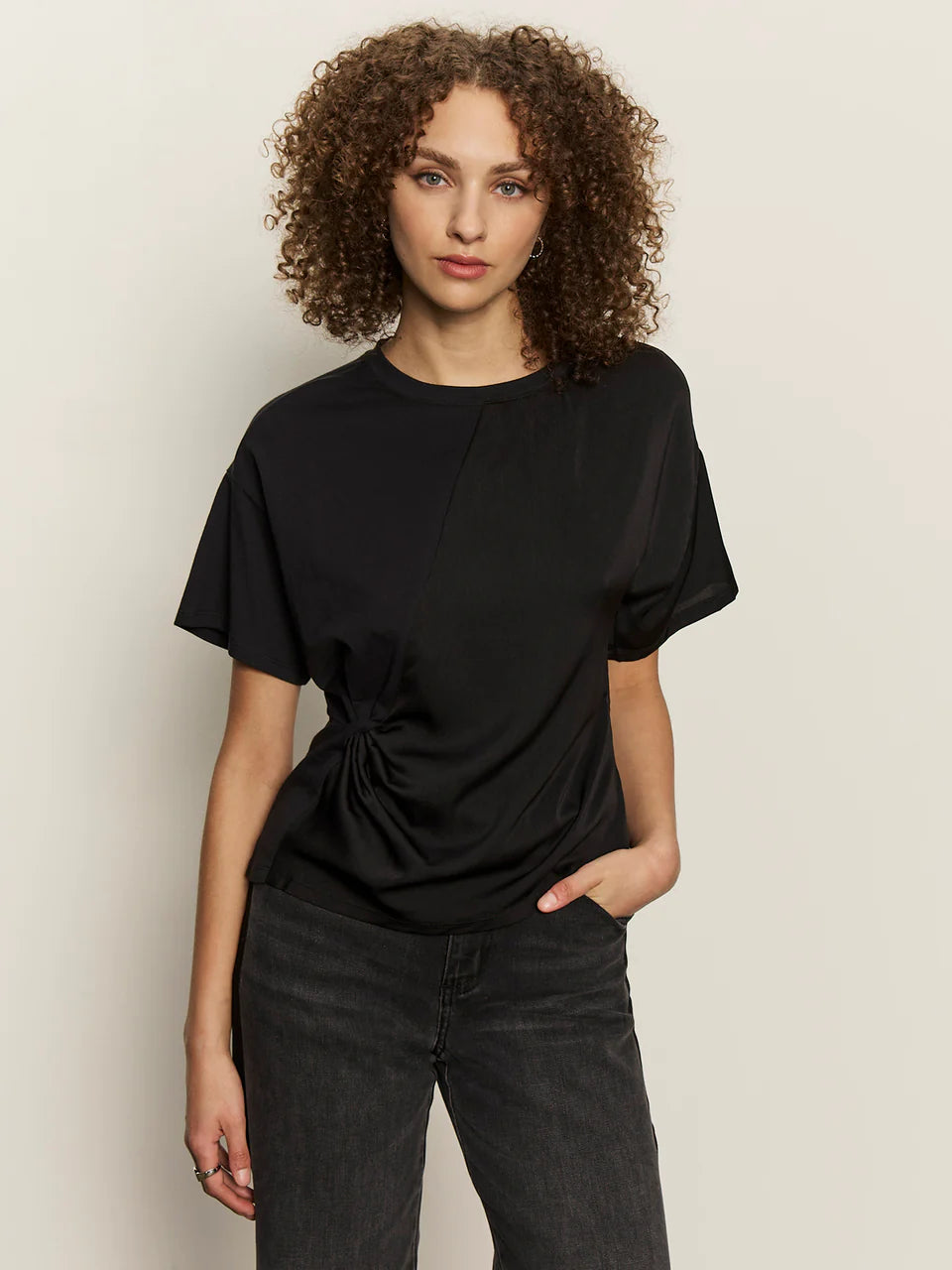 Black Short Sleeve Satin Mixed Media Top