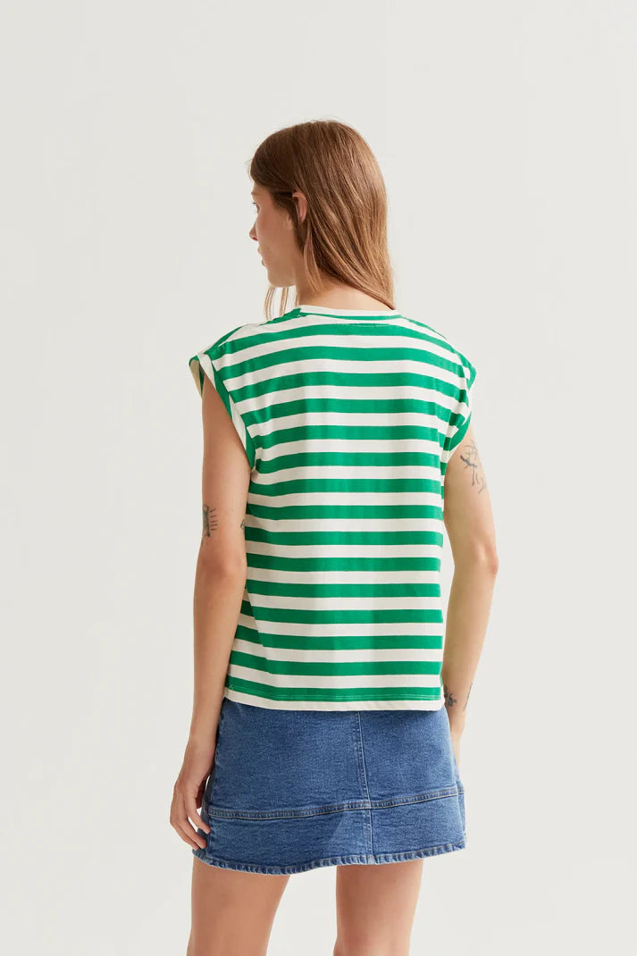 T-shirt with green striped print and tulip embroidery