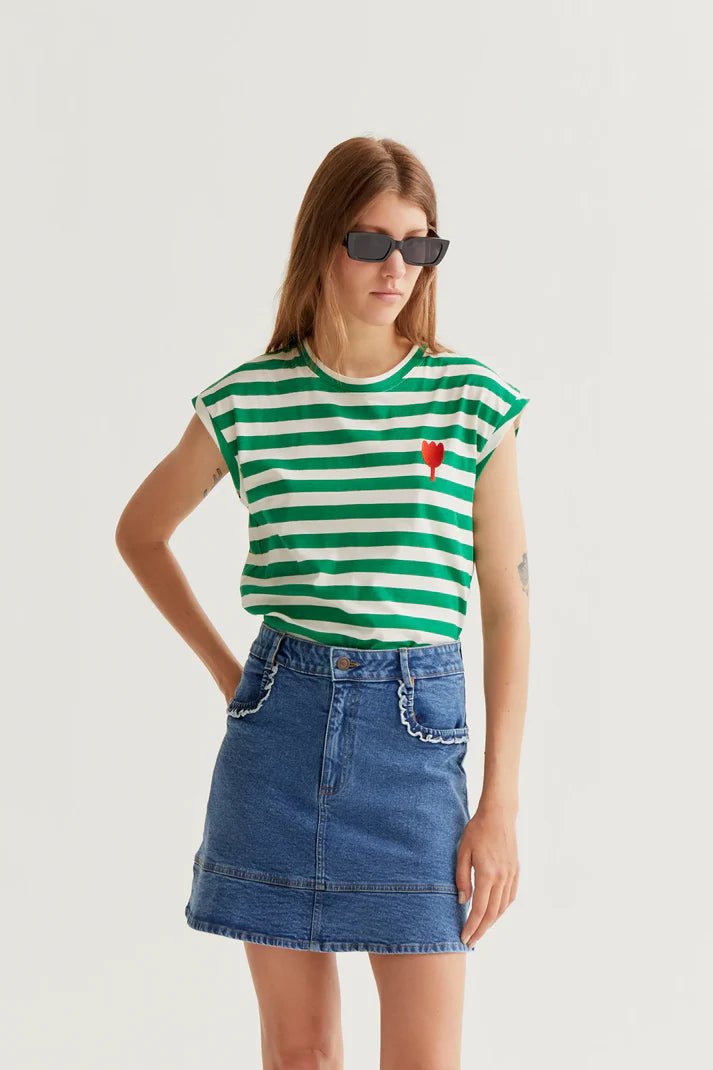 Rose & Lee Co Taliyah Top, Green Stripe short sleeve