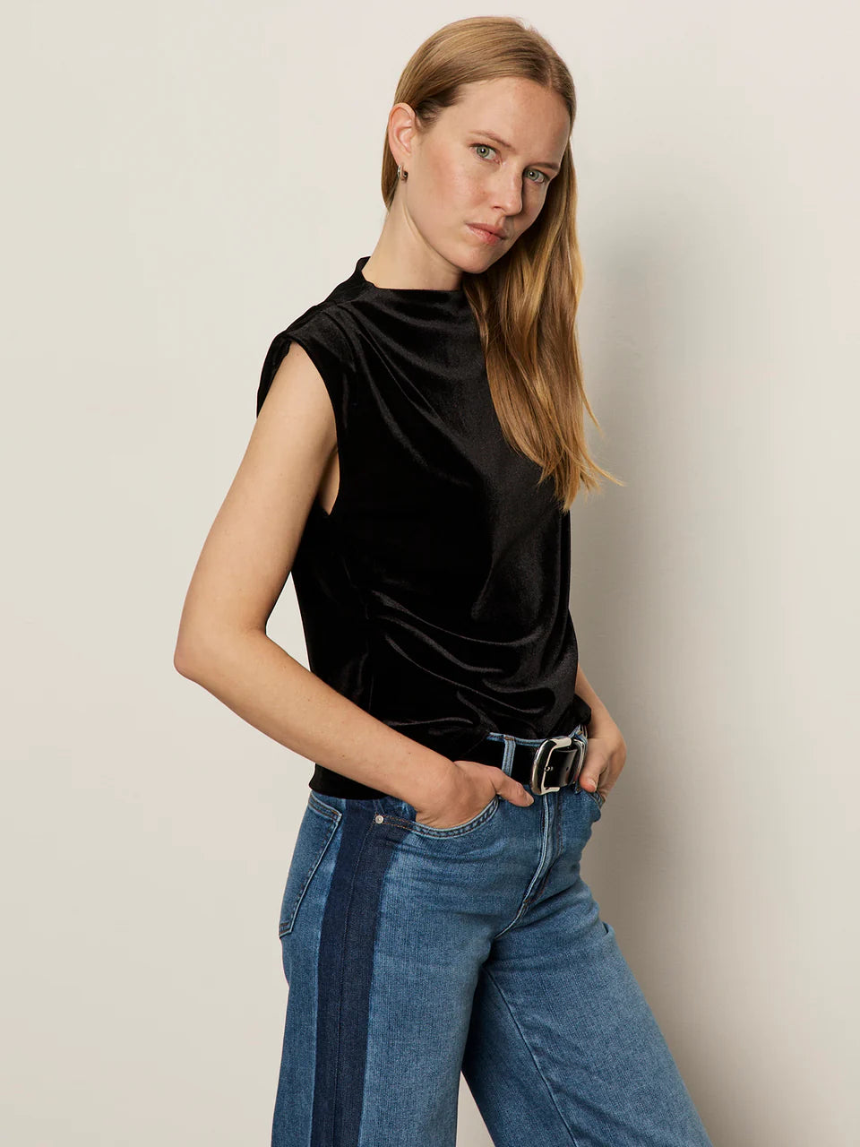 Black Velvet Sleeveless Ruched Tank