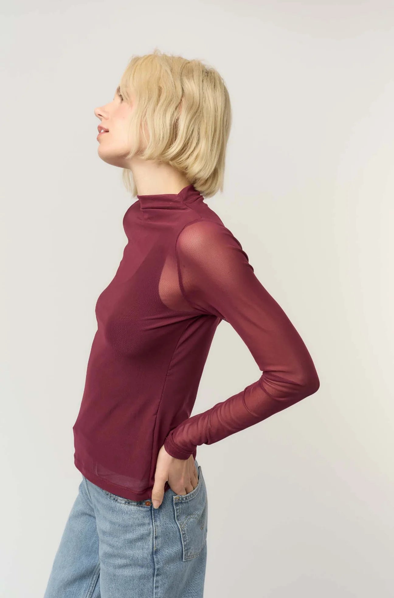 Burgundy Long Sleeve Mesh Top