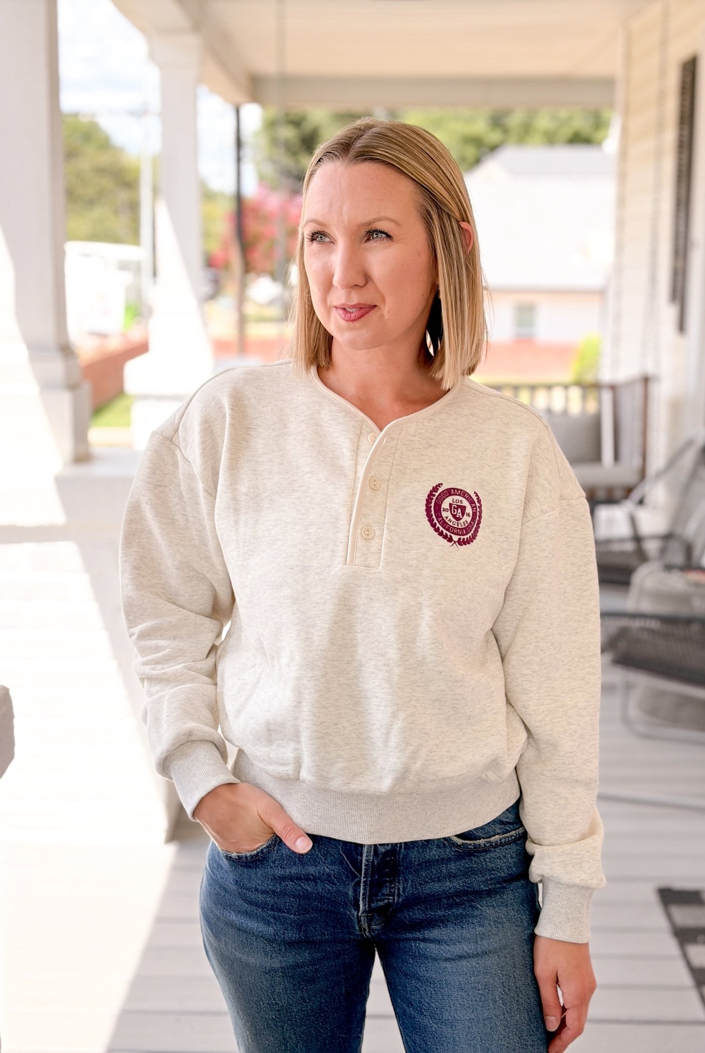 Rose & Lee Co The Brushed Fleece Henley, Oatmeal by Good American Sweatshirt & Hoodies