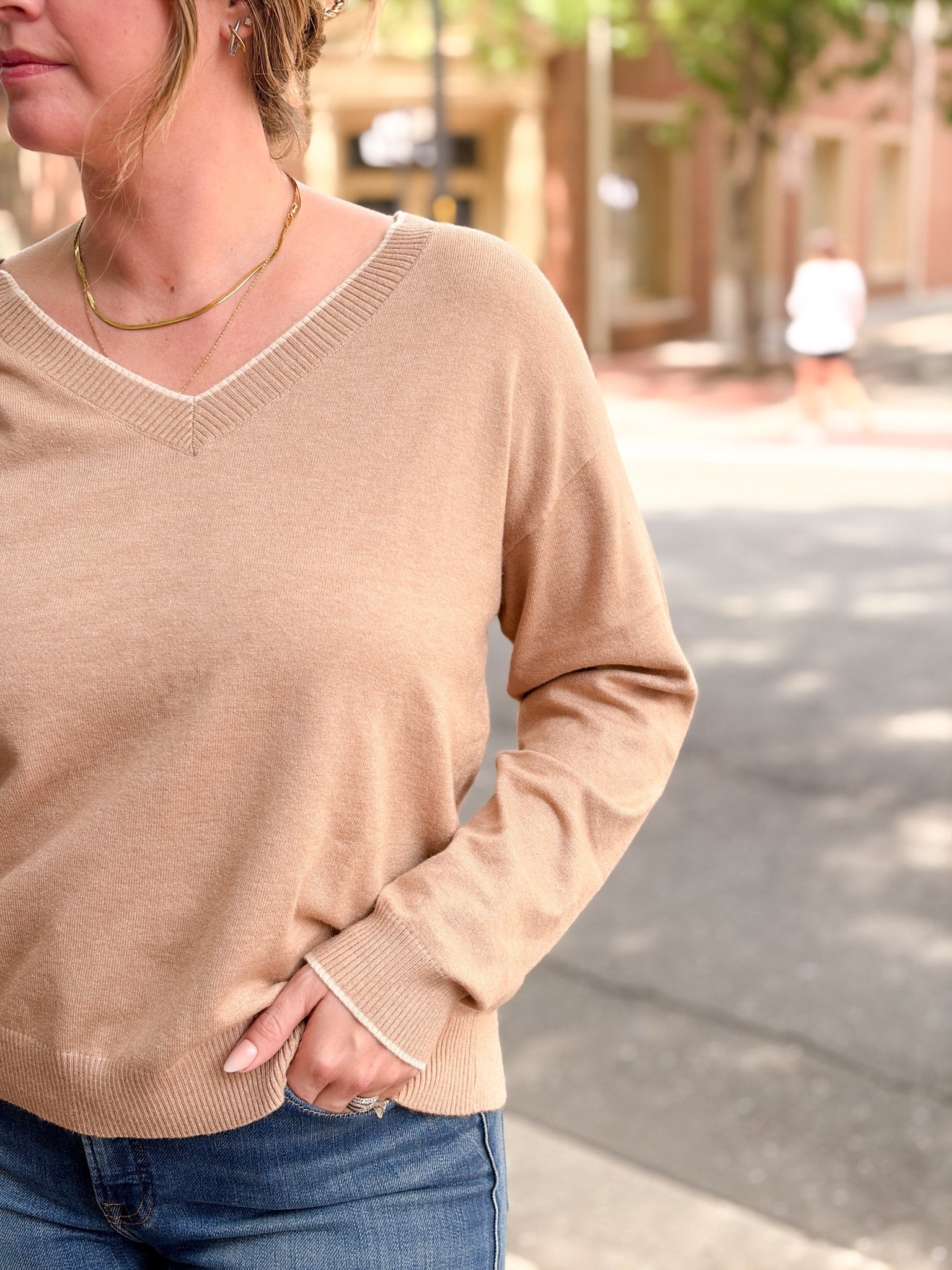 Rose & Lee Co The Cozy V Neck Sweater, Dune Mist by Good American Sweaters