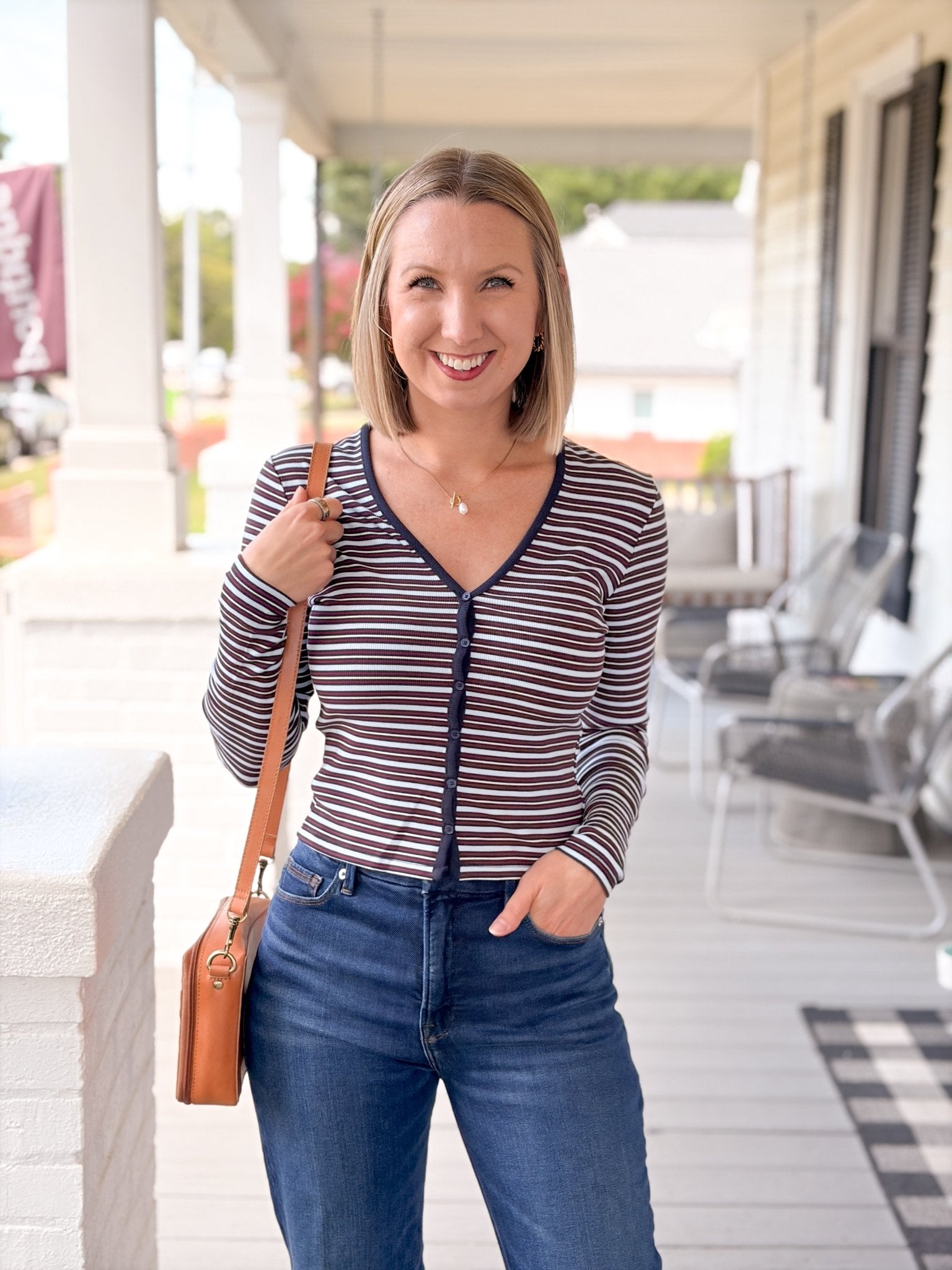 Rose & Lee Co The Rib V Neck, Ivy Stripe by Good American Long Sleeve