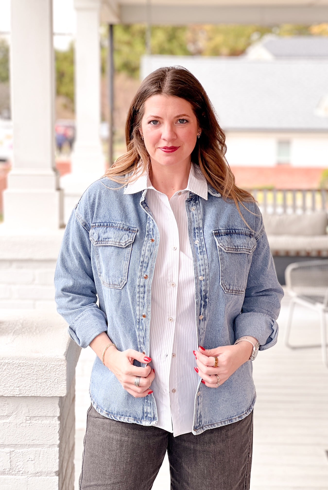 Blue Denim Long Sleeve Button Up Top
