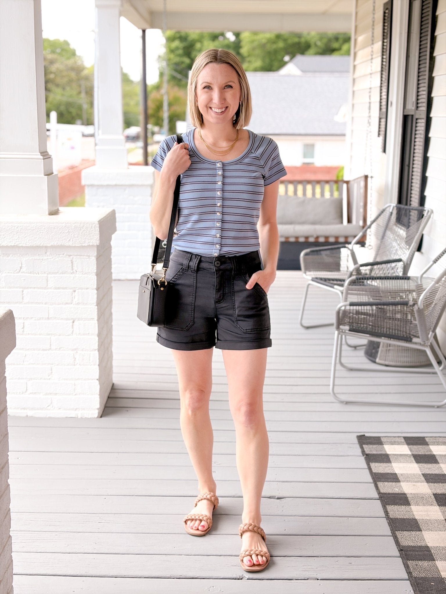Rose & Lee Co Adina Top, Blue/Brown Stripe short sleeve