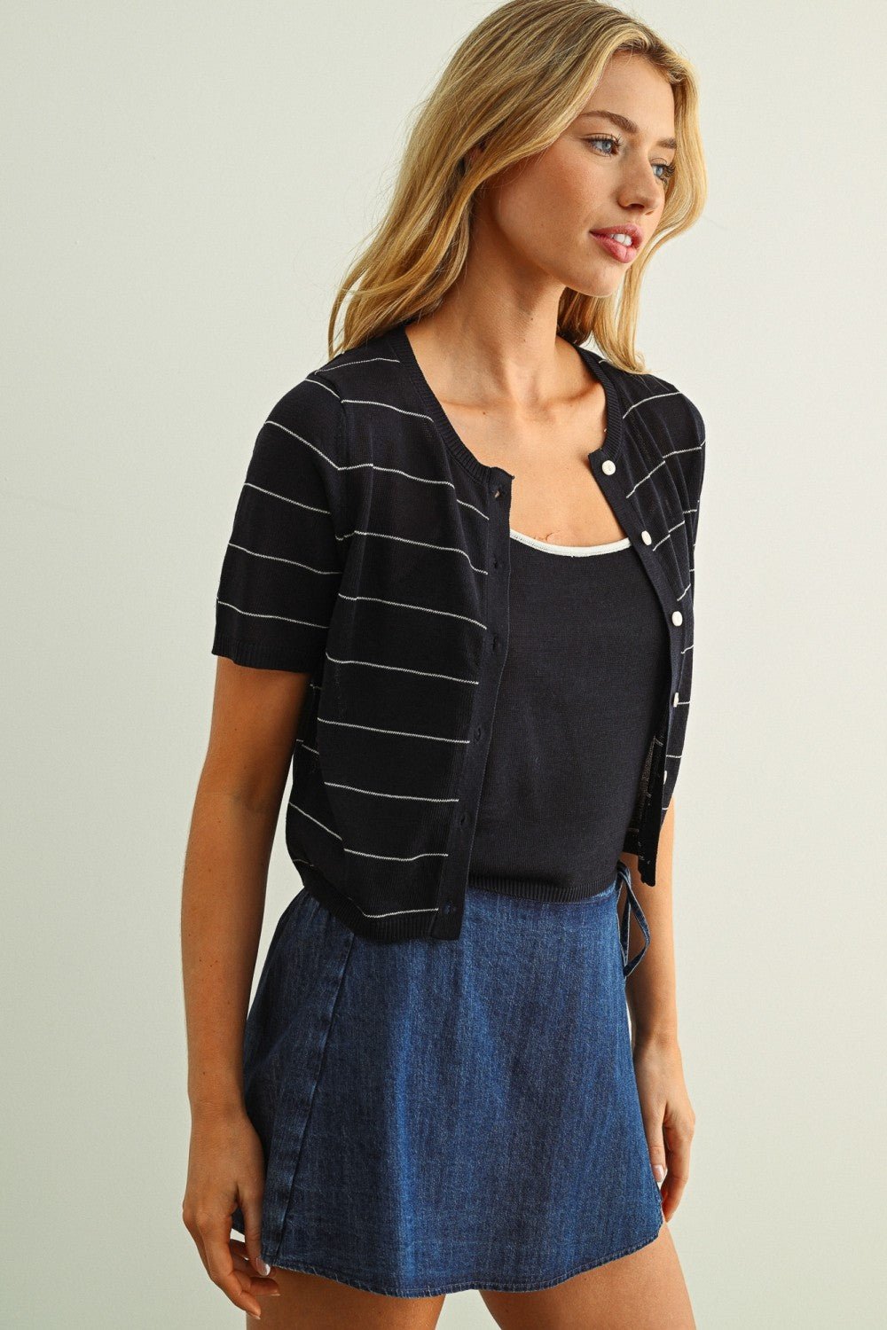 Rose & Lee Co Trace Top, Navy/Ivory Stripe short sleeve