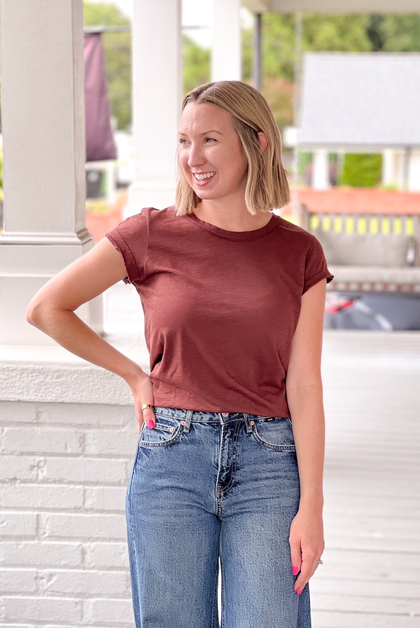short sleeve top with crew neckline in espresso color