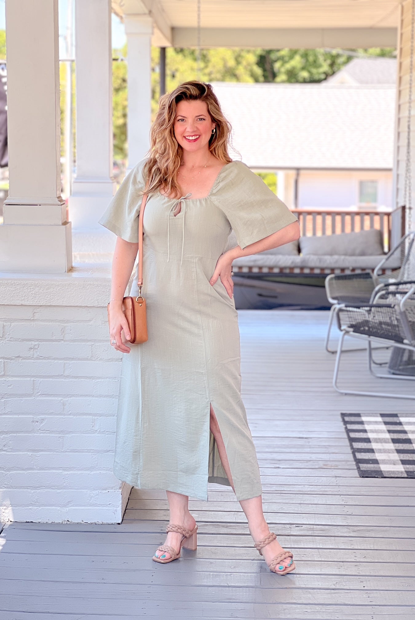 light green midi length dress sleeves with square neckline