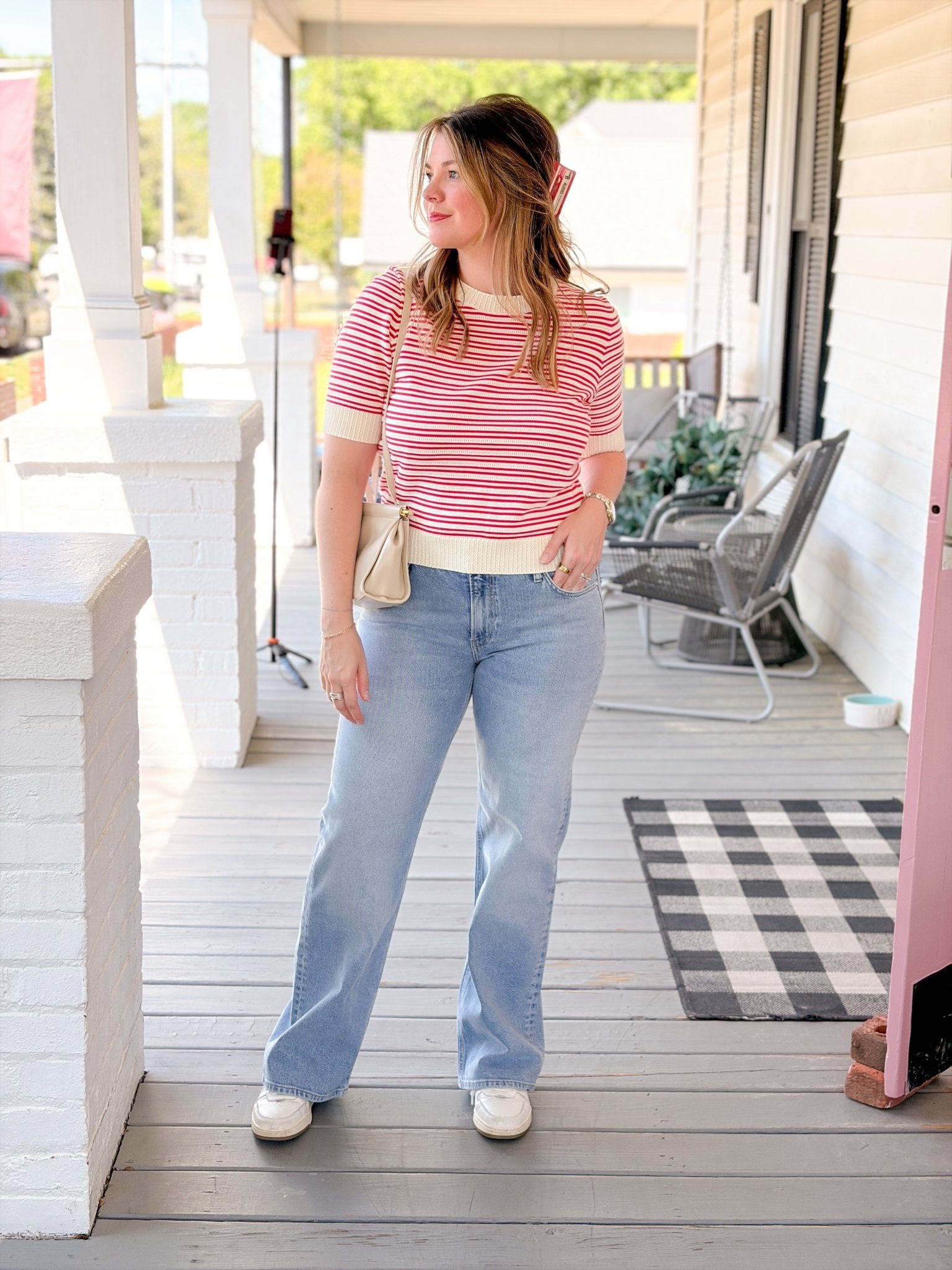Rose & Lee Co Norine Top, Vanilla Ice/Pink Stripe short sleeve
