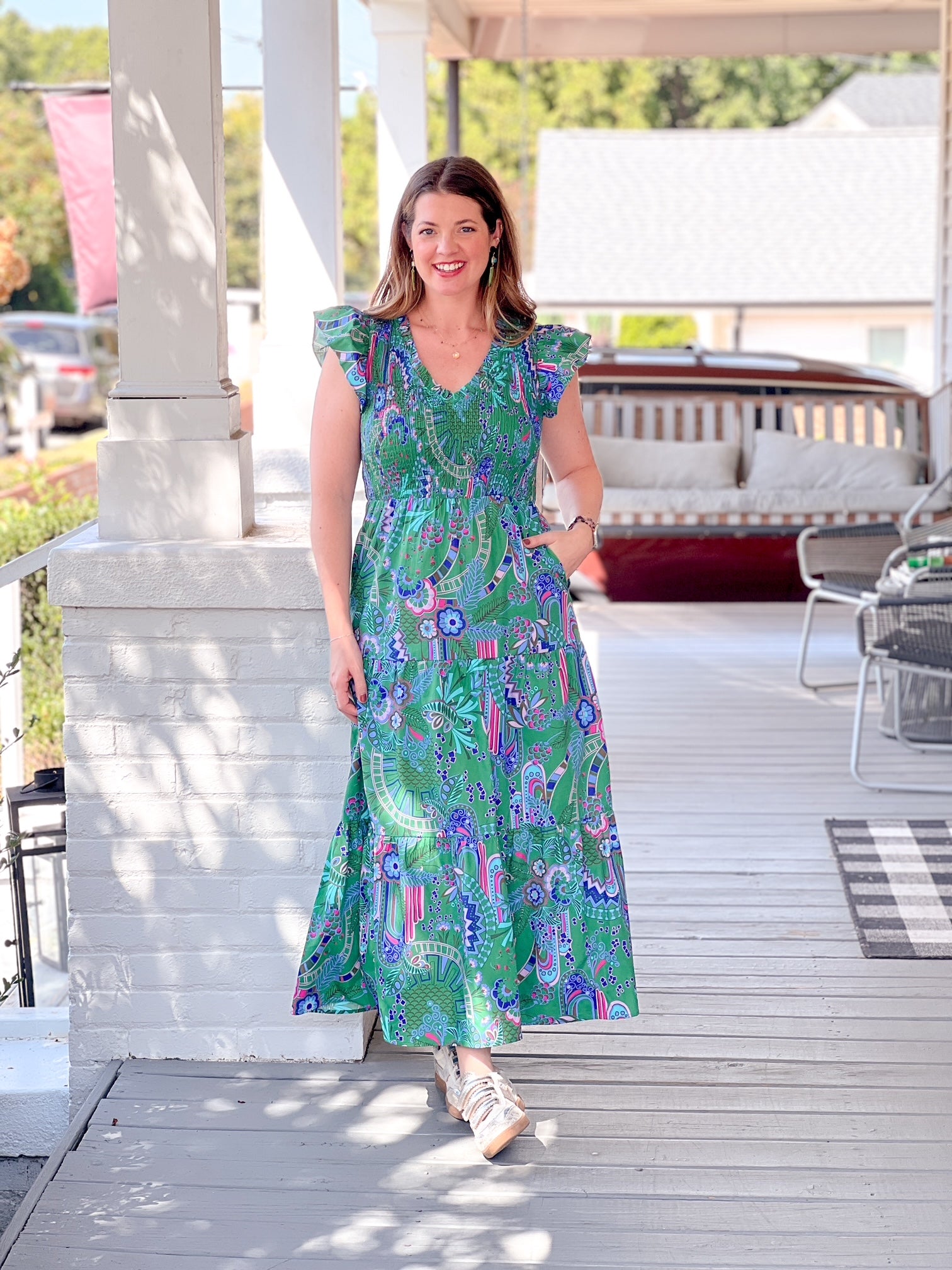 Green and Blue Multi-Colored Tiered Midi Dress