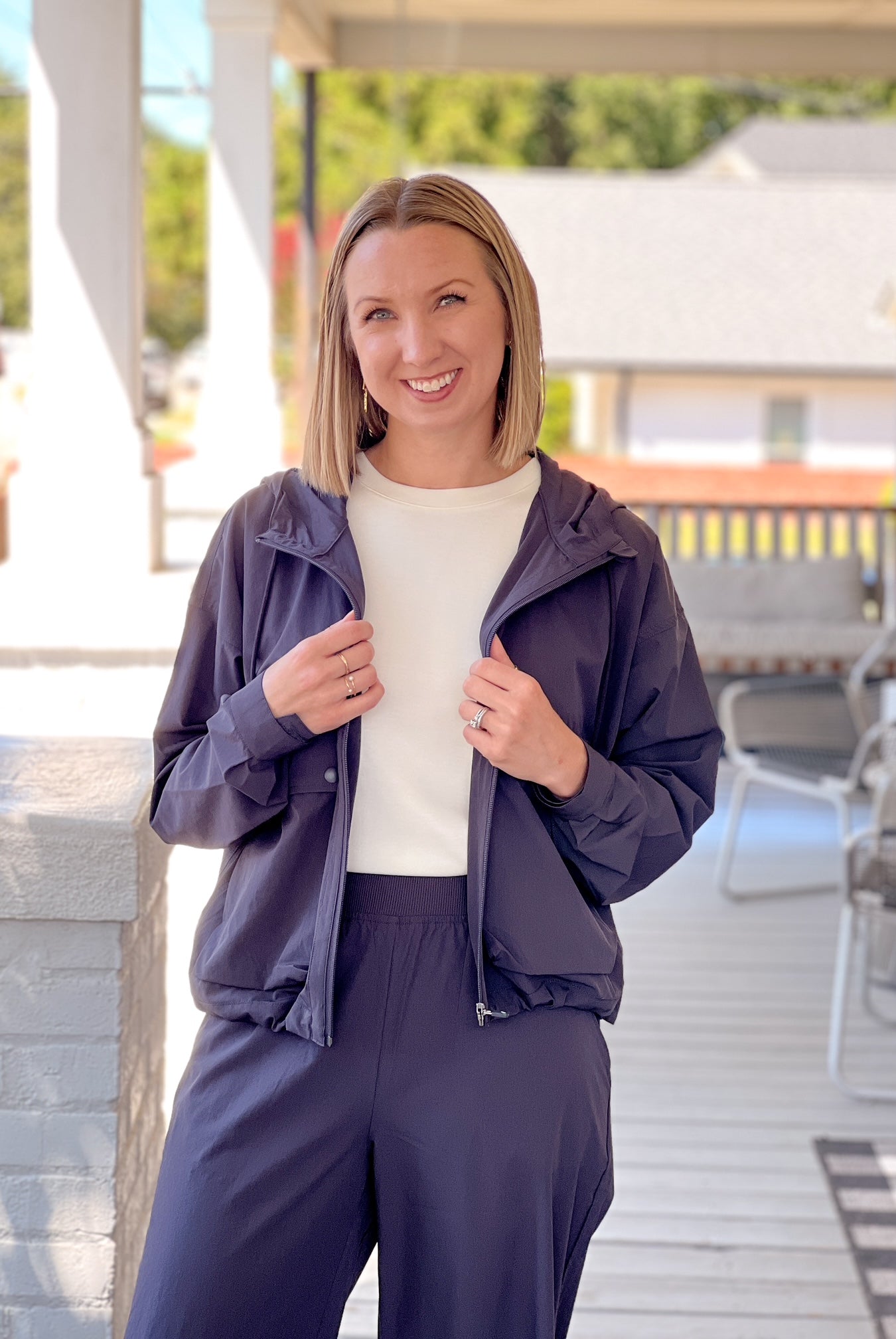 charcoal blue windbreaker jacket, zip up