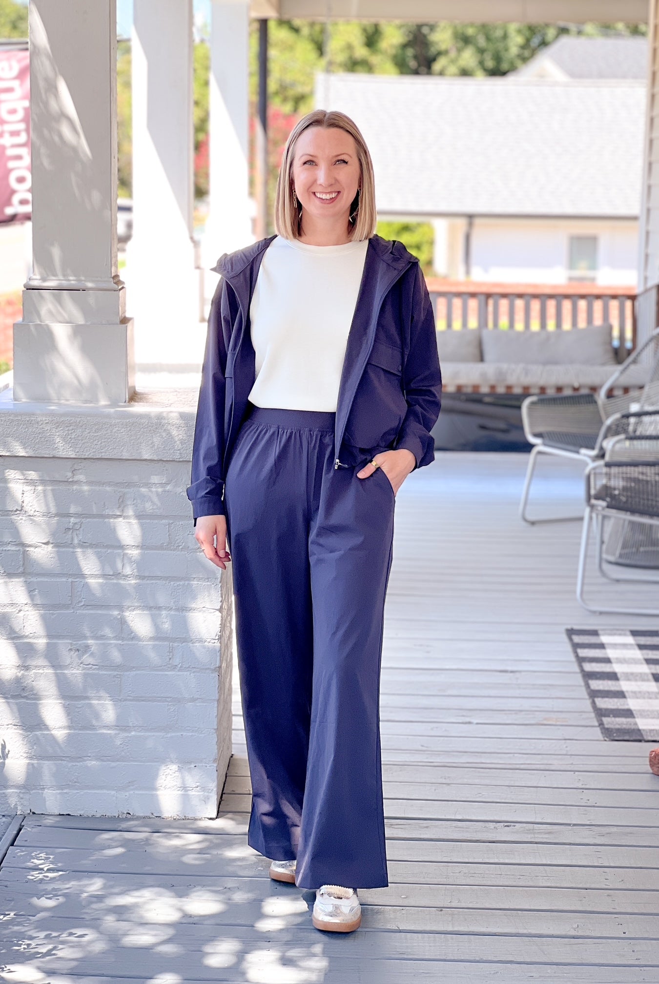 charcoal blue wide leg windbreak pants with elastic waist