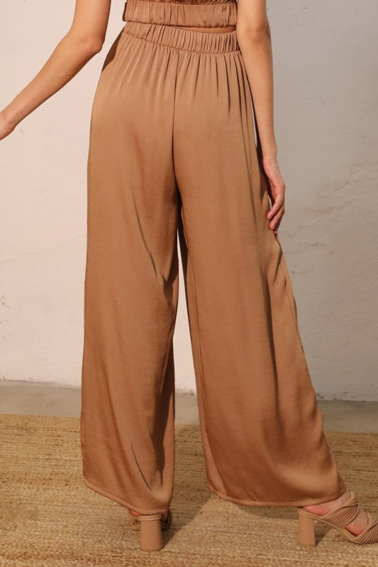 Brown Elastic Waistband Wide Leg Pants
