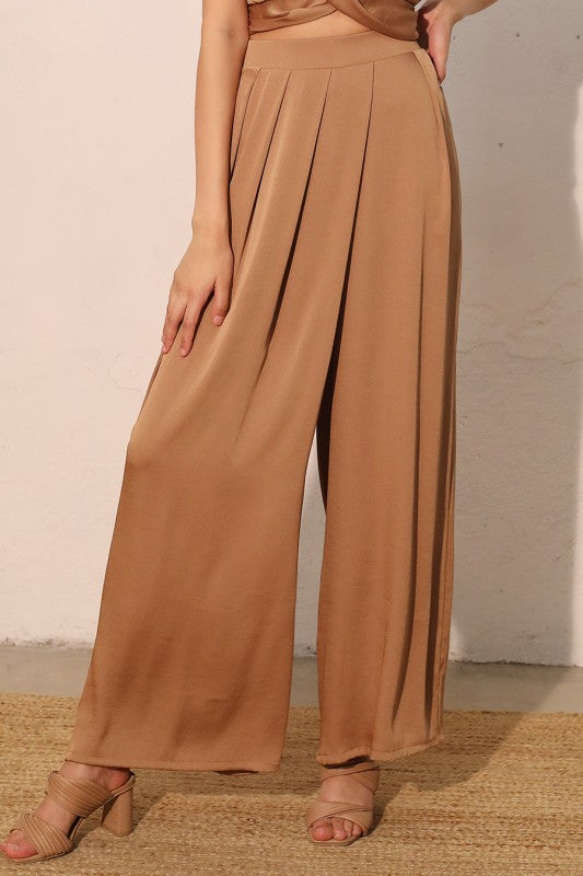Brown Elastic Waistband Wide Leg Pants