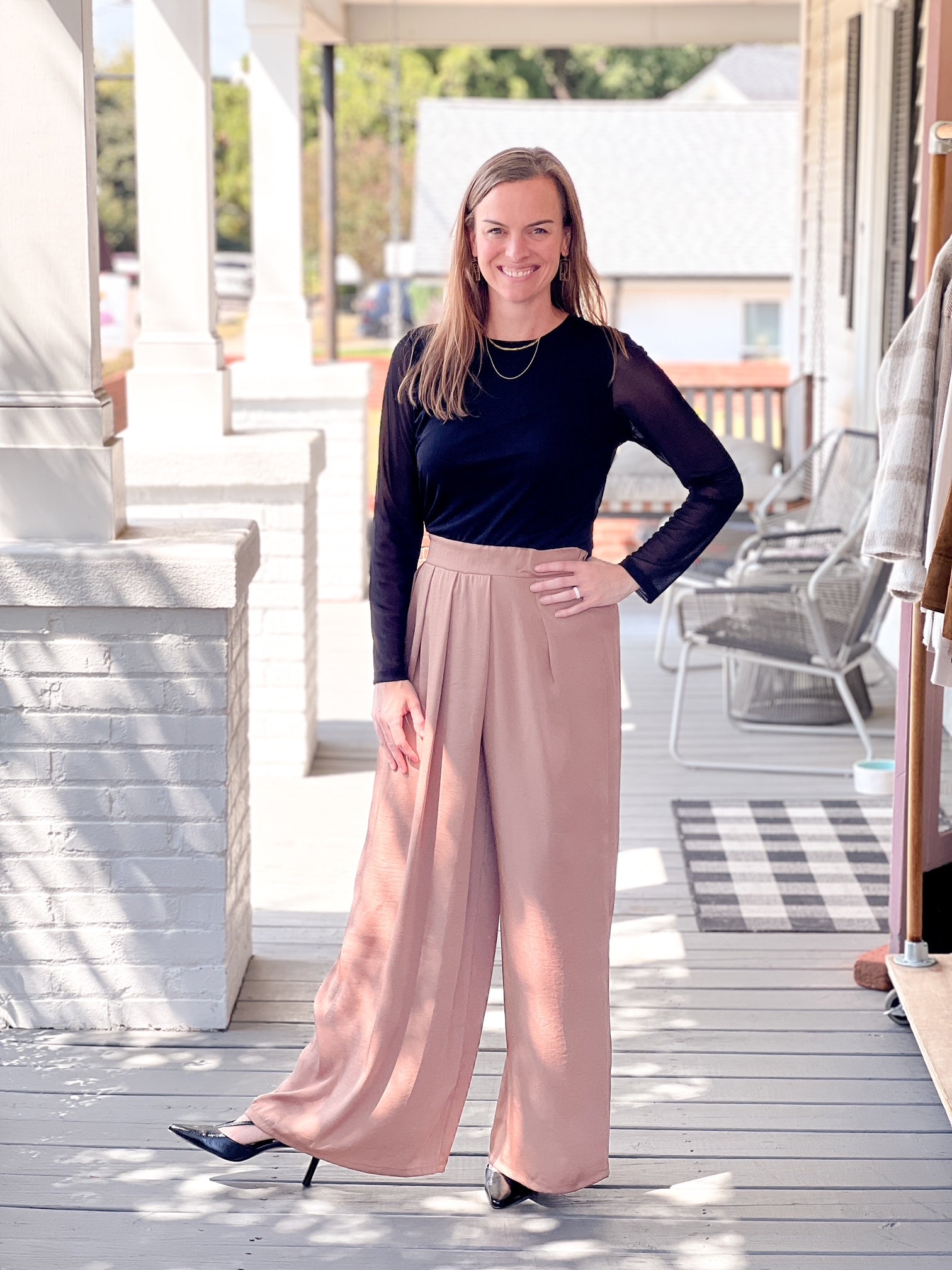 Brown Elastic Waistband Wide Leg Pants