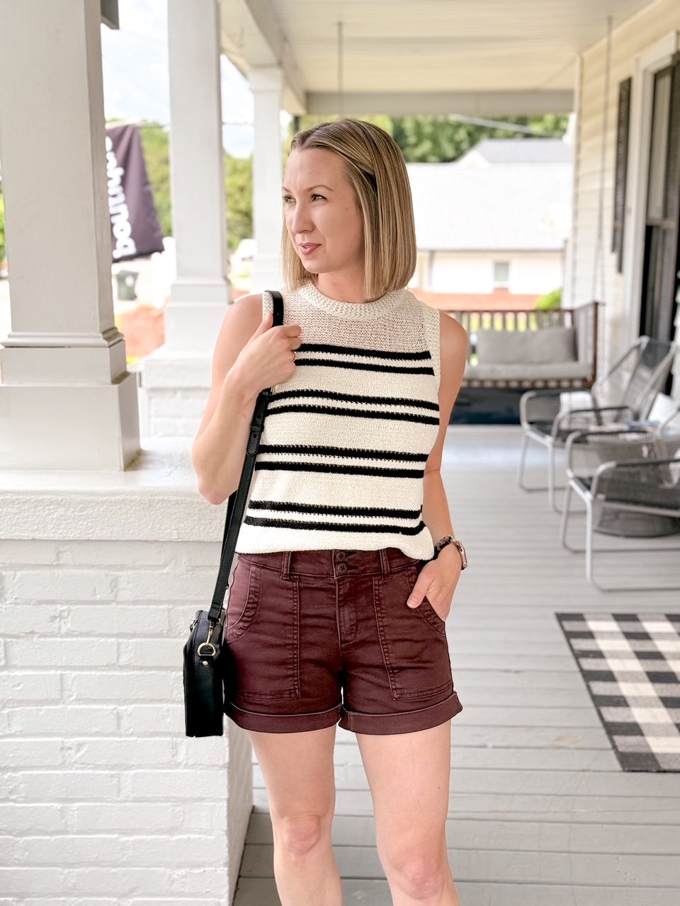 ivory crew neck tank with black stripes