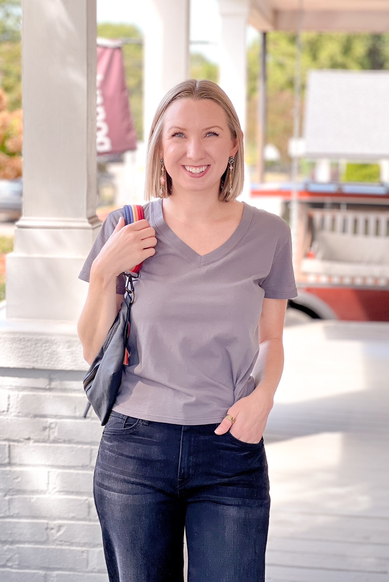 Washed Grey Short Sleeve V-Neck Top