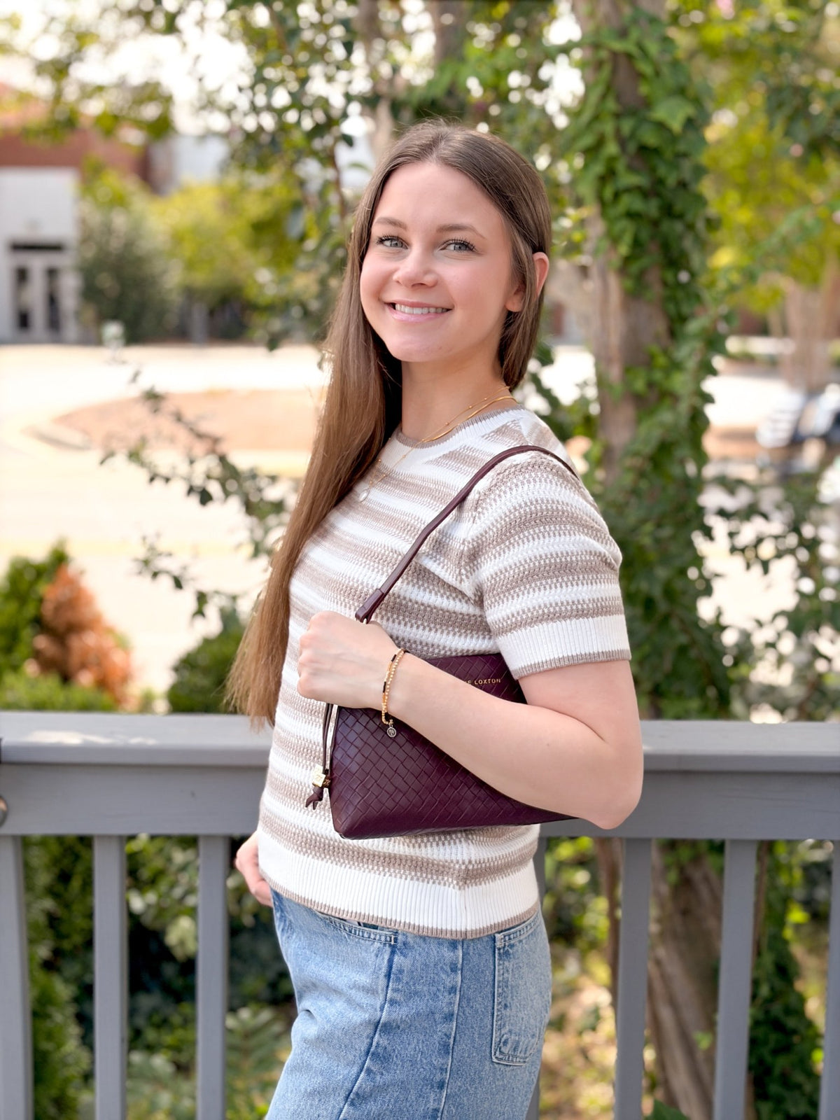 Rose & Lee Co Welles Top, Ivory/Beige Stripe short sleeve