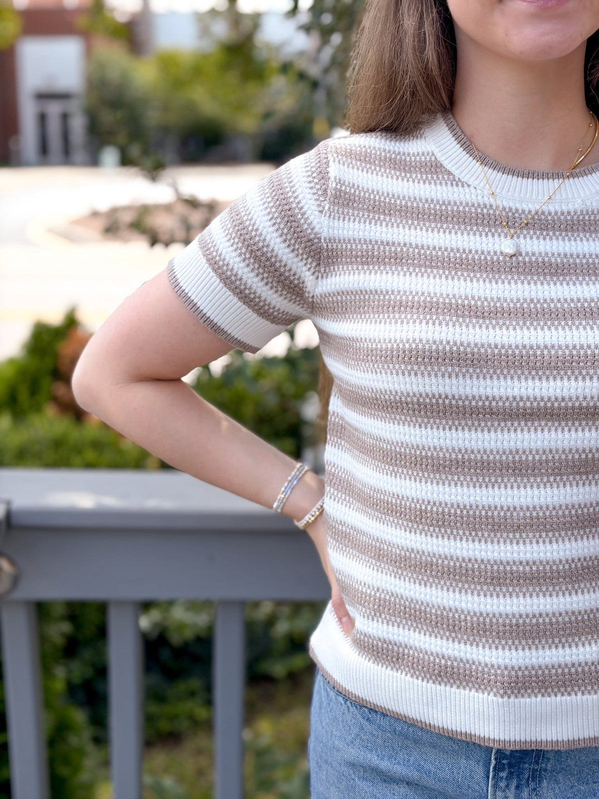 Rose & Lee Co Welles Top, Ivory/Beige Stripe short sleeve