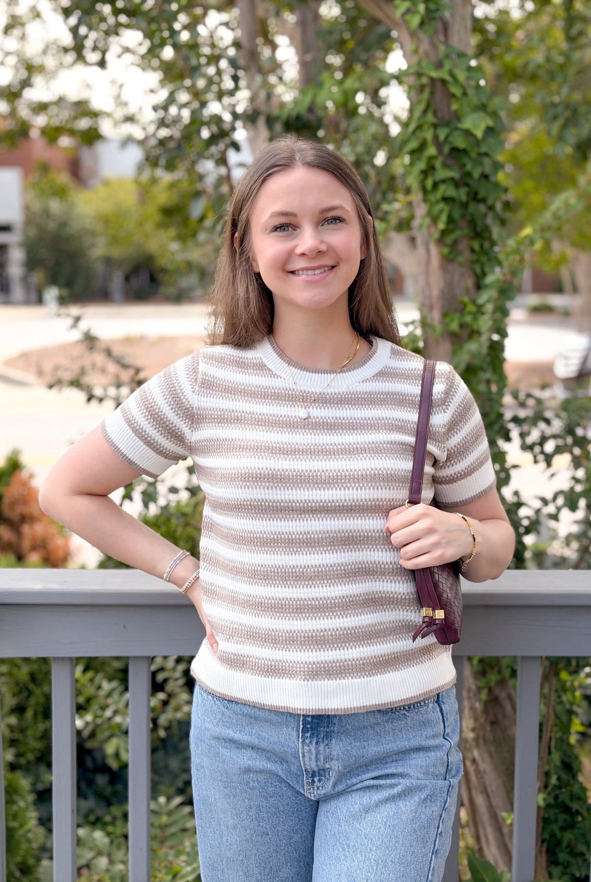 Rose & Lee Co Welles Top, Ivory/Beige Stripe short sleeve