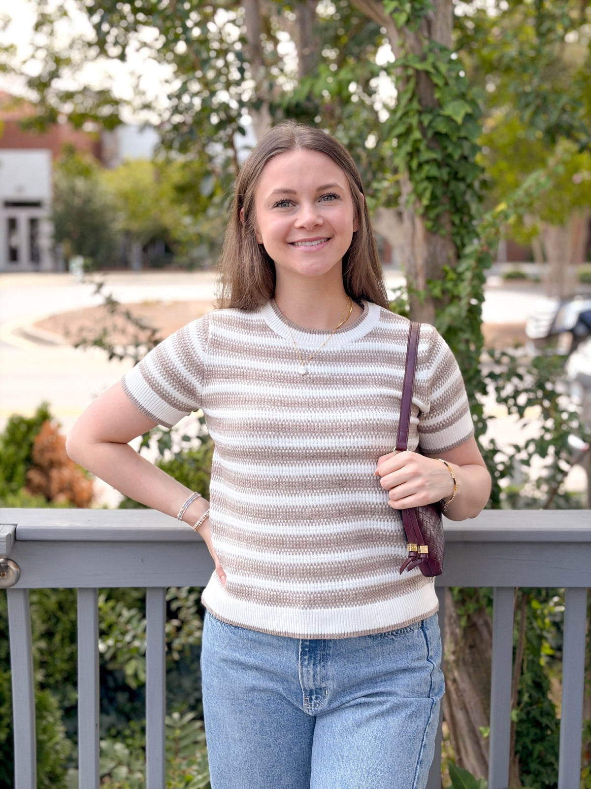Rose & Lee Co Welles Top, Ivory/Beige Stripe short sleeve
