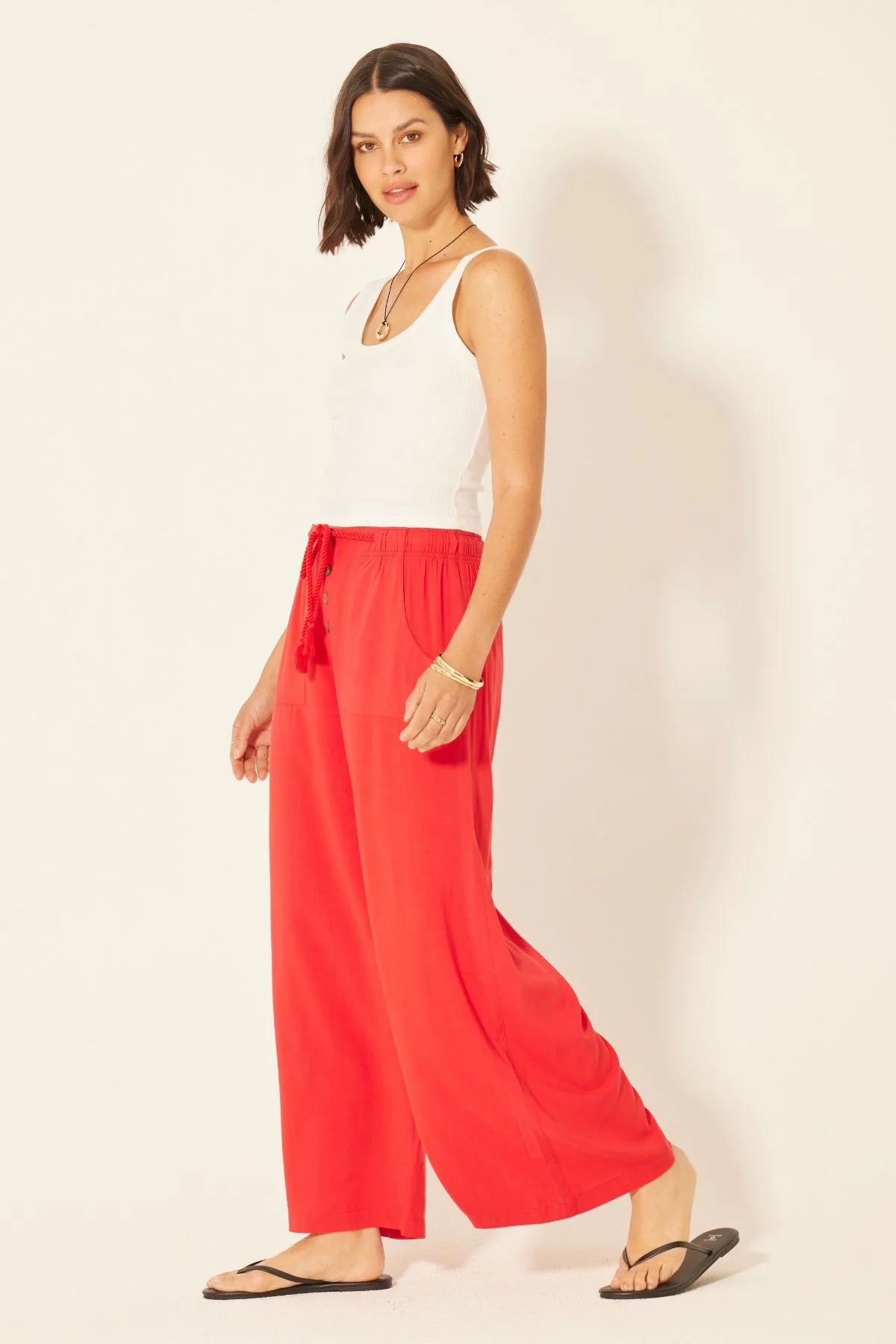 wide leg red pants with elastic waist
