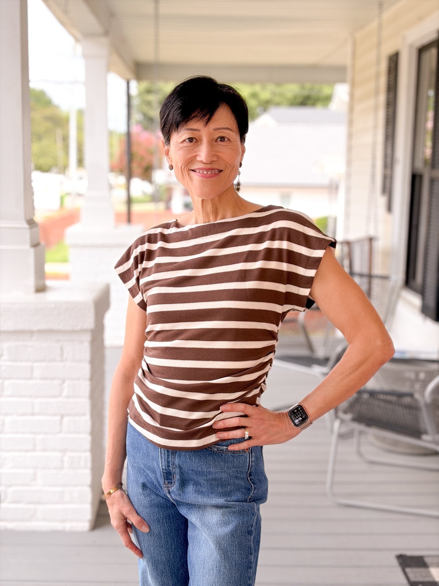 Rose & Lee Co Kari Top, Brown/White Stripe short sleeve
