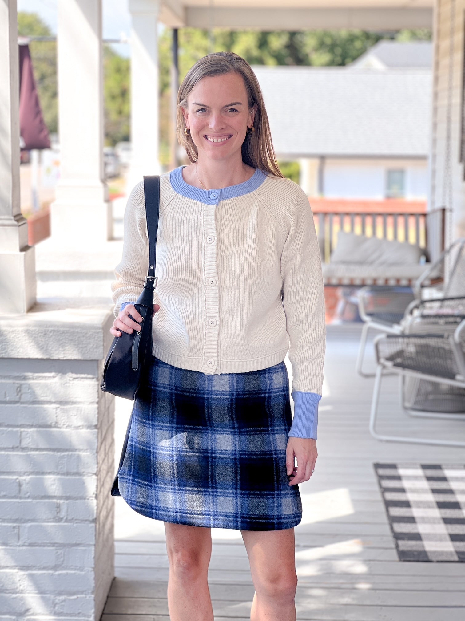 blue plaid mini length skirt