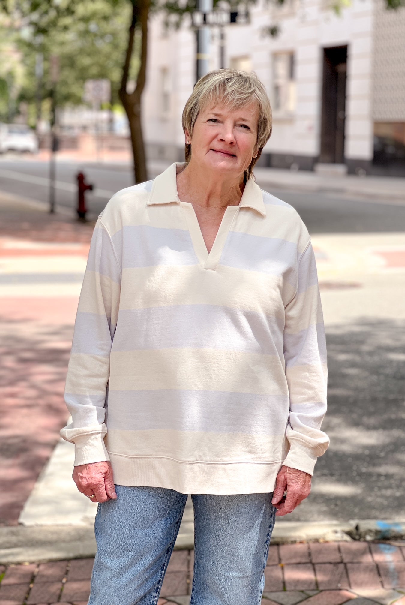 sweatshirt with light lavender stripes and v neckline
