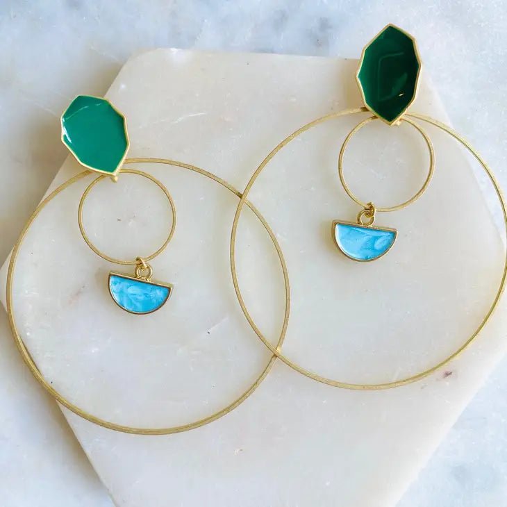 Rose & Lee Co Statement Double Hoop Earrings, Emerald Earrings
