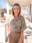 Olive Green Floral Print Work Blouse
