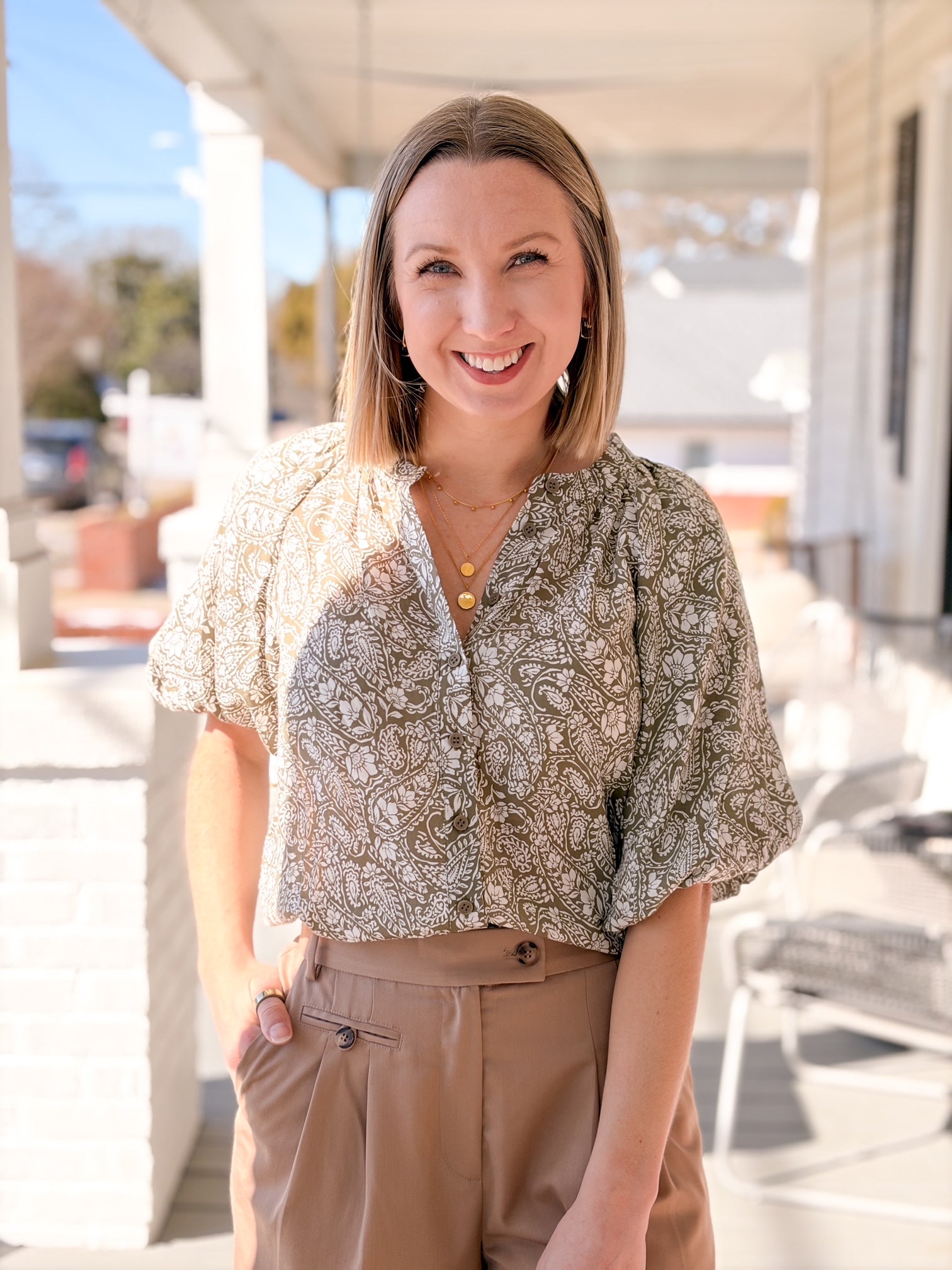 Olive Green Floral Print Work Blouse